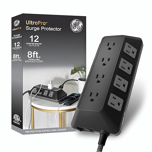 GE UltraPro 12-Outlet Surge Protector, 8 Ft Braided Extension Cord, Multi Plug Outlet Extender, Adapter Spaced, Flat Plug, for Home, Office, Dorm