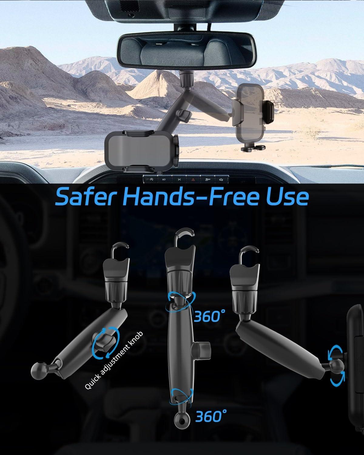 Oceavity 2026 Upgraded Rear View Mirror Phone Holders for Your Car, Multi-Directional Dual 360 Rotatable Adjustment Phone Mount for iPhone Android