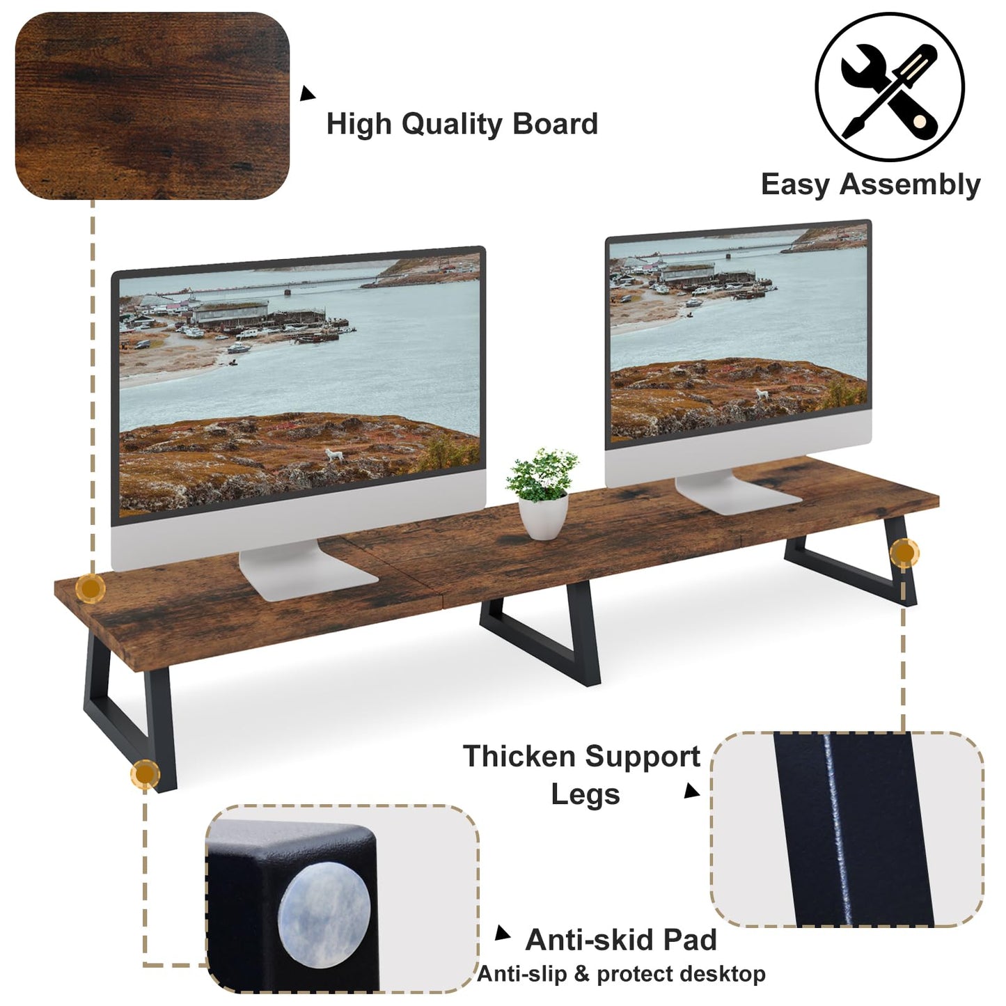 TEAMIX 42 inch Large [Dual] [Monitor] [Riser],Rustic Brown Extra Long TV [Stand Wood & Steel Desktop [Riser] with Storage for [Dual] Screen Office