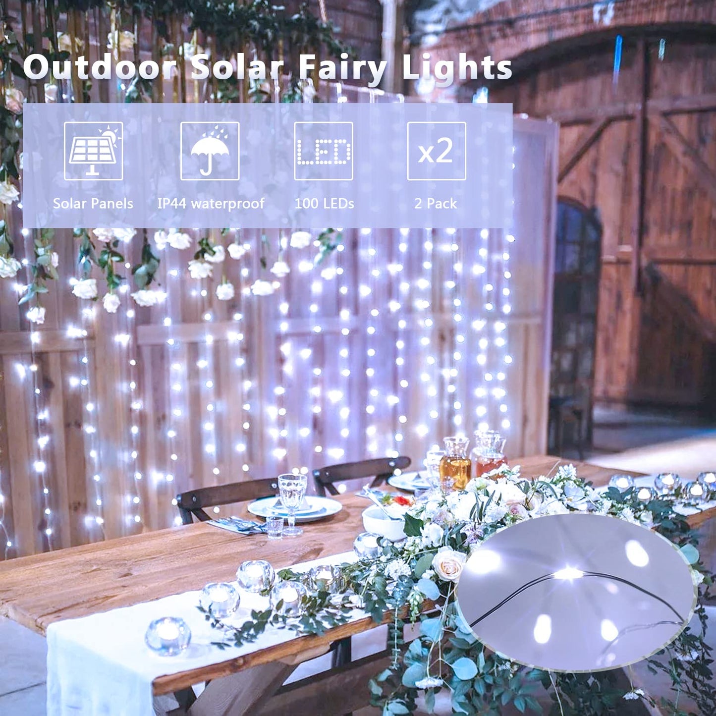 JMEXSUSS 2 Pack Solar String Lights Outdoor Waterproof, Each 33FT 100 LED Solar Fairy Lights Outdoor, 8 Modes White Christmas Light for Outside Garden