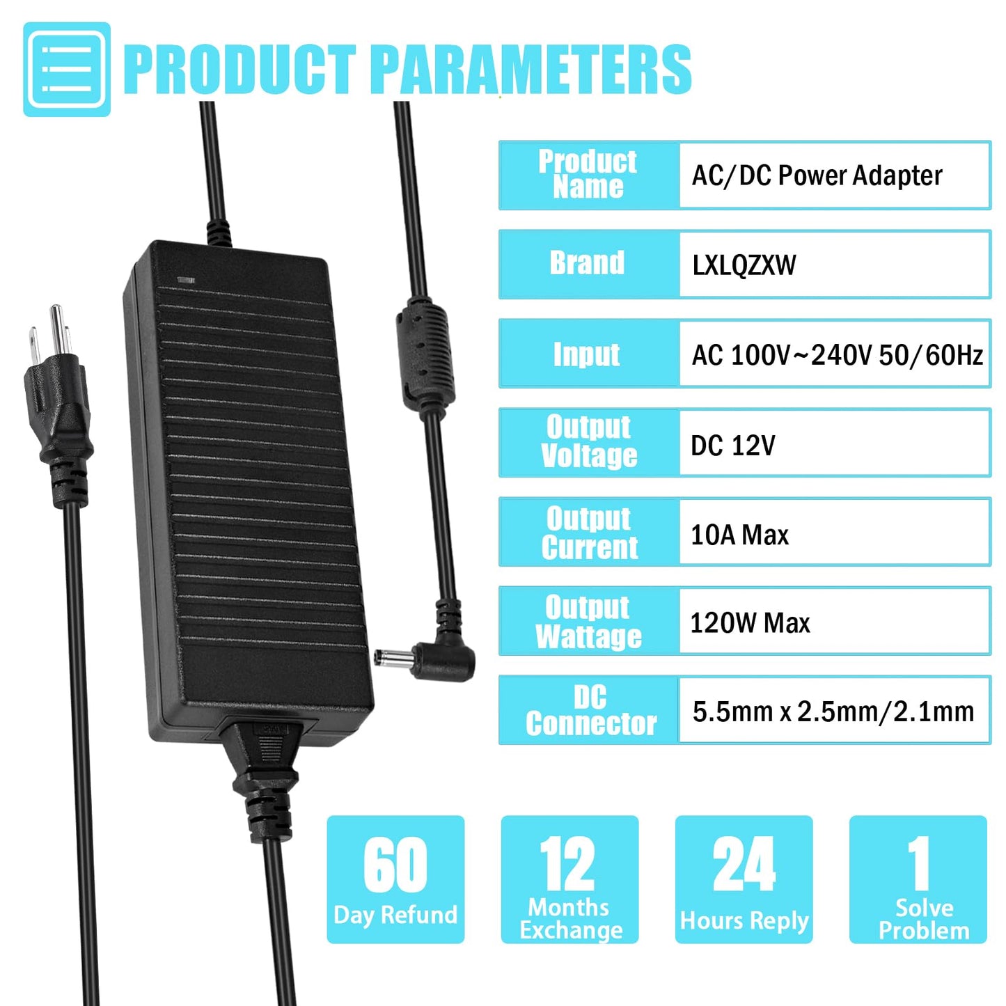 12V 10A Power Supply Adapter 120W 110-240V AC to DC 24V Transformer, 24 Volts DC Power Supply for LED Light CCTV Camera Monitor, 120W Switching…