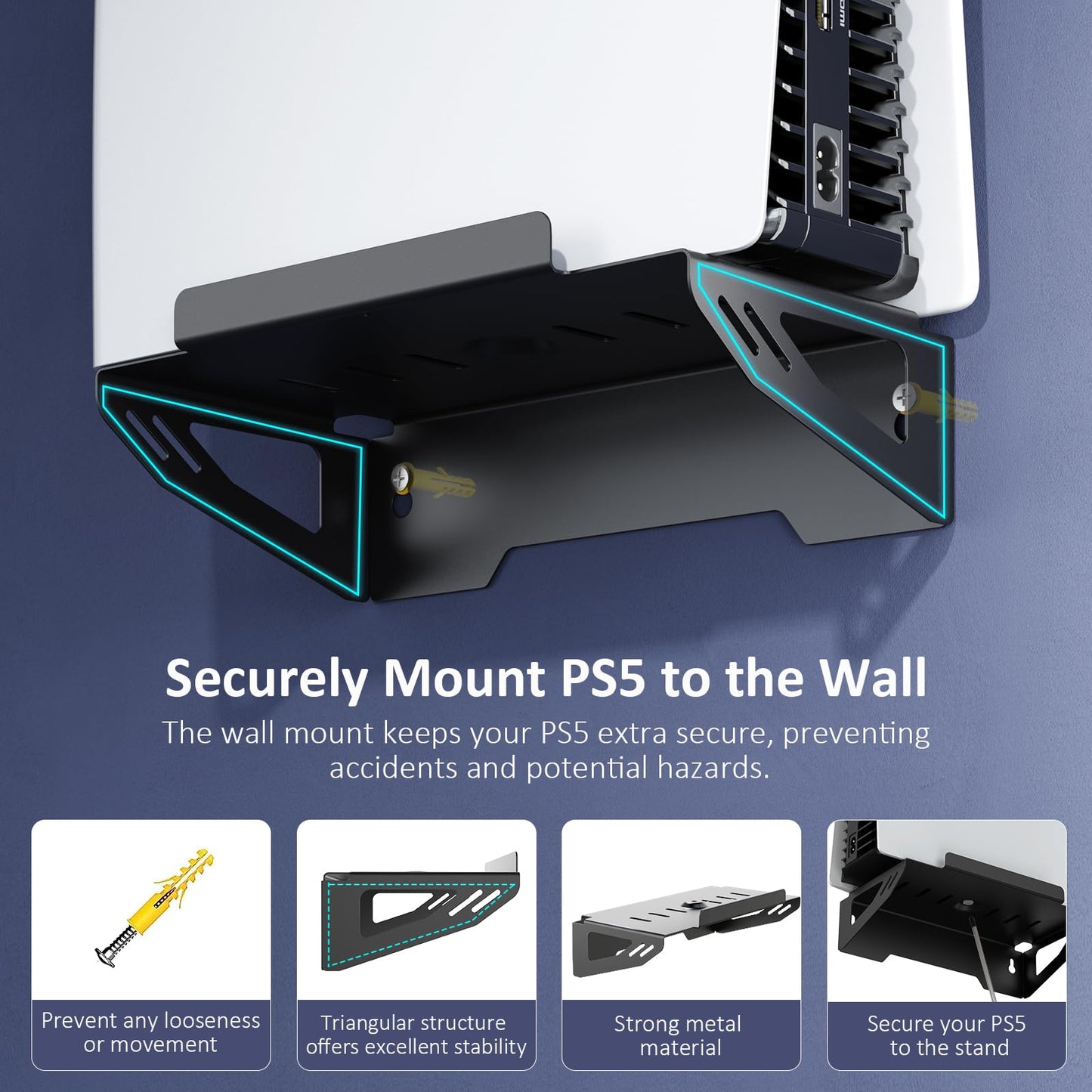 NexiGo Wall Mount Kit with Charging Station for PS5 and PS5 Slim/Pro Versions, Dual Controller Chargers, Steel Wall Stand, and Headphone Hanger