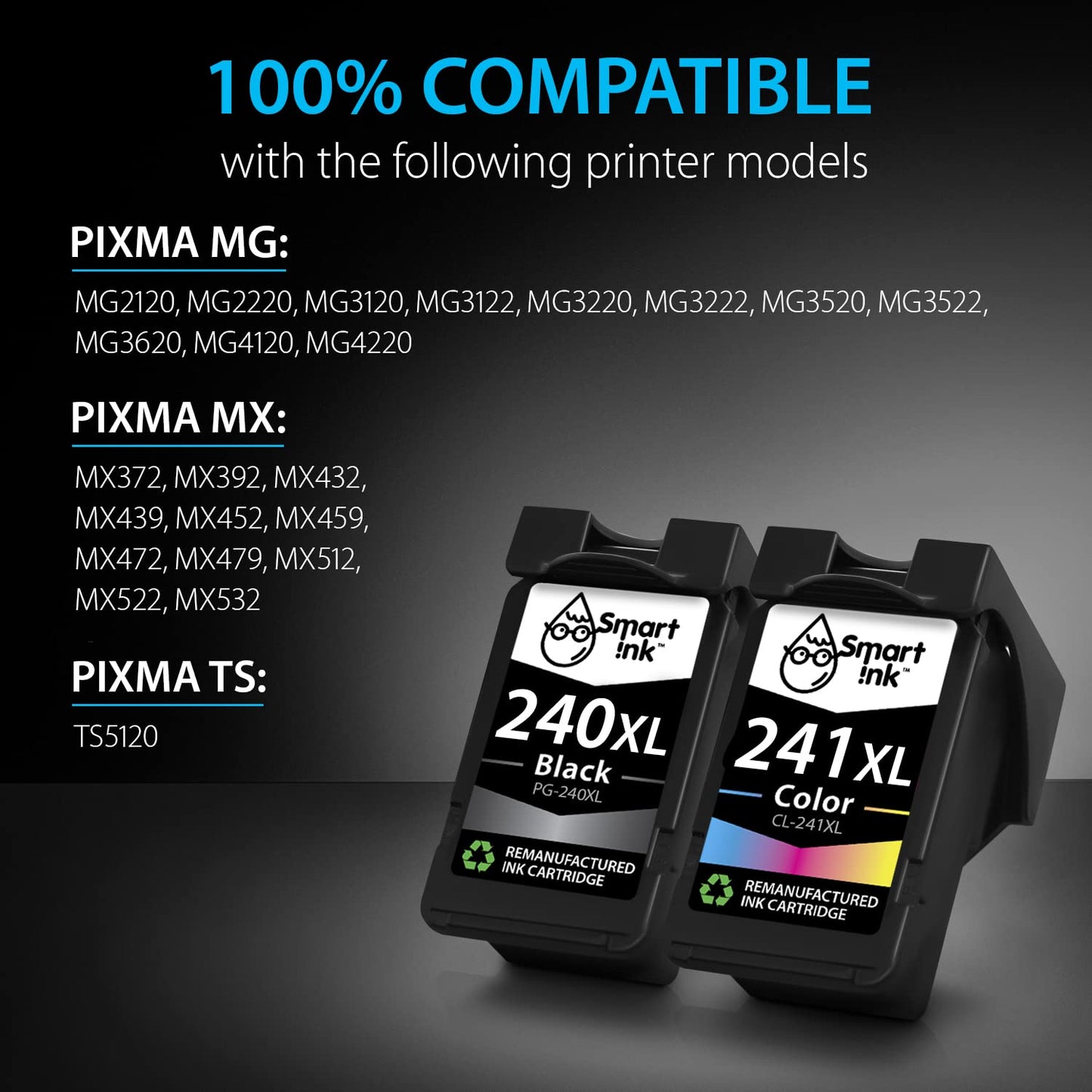 Smart Ink Remanufactured Ink Cartridge Replacement for Canon 240 XL 241 XL 240XL 241XL for Canon Pixma MG3620 MX472 TS5120 MX452 MG3220 MG3520 MX432