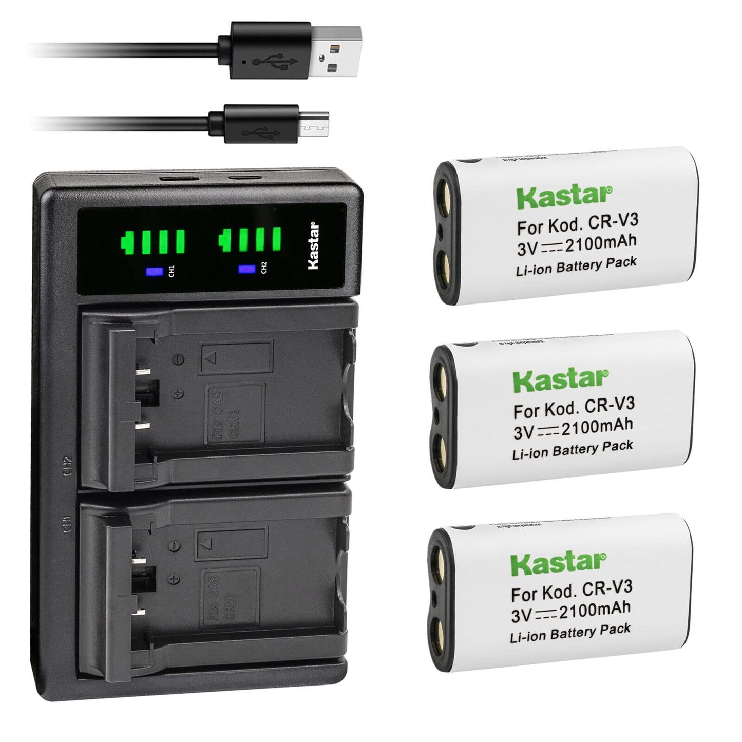 Kastar 3-Pack CR-V3 Battery and LTD2 USB Charger Replacement for Kodak EasyShare CX7530, C300, C310, C315, C330, C340, C360, C433, C433 Zoom, C503