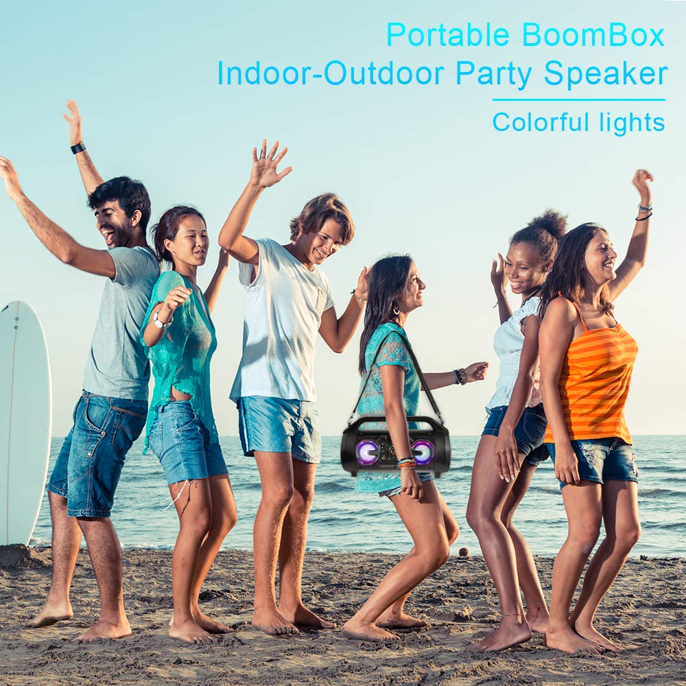Portable Bluetooth Speaker with Subwoofer, Wireless Speakers with Booming Bass, FM Radio, RGB Lights, EQ, Stereo Sound, 10H Playtime, 30W Loud Speaker