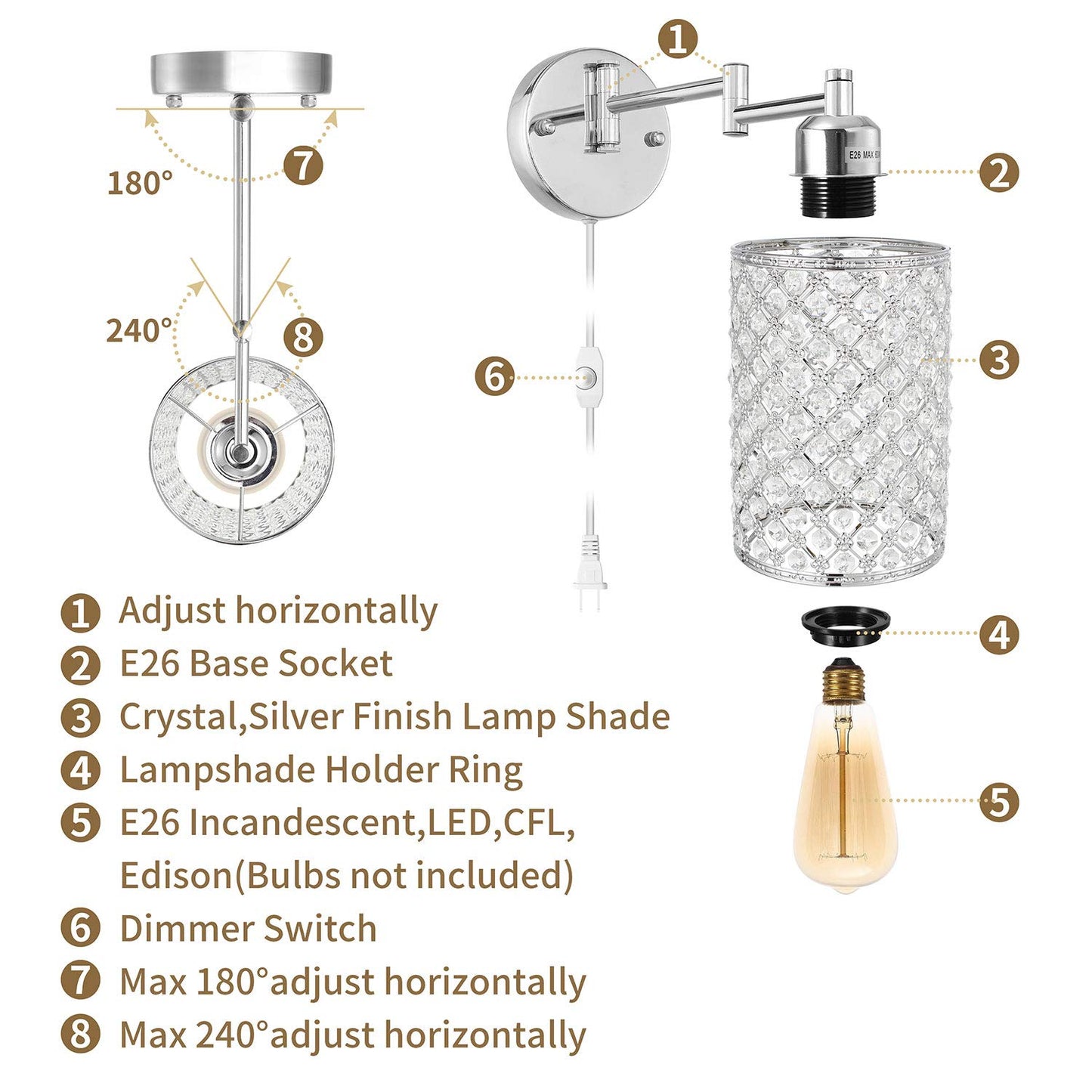 Merlight 1-Light Wall Lamp Modern Style Metal Round lampshade Decorative Dimmable Crystal E26 Base Wall Lights Industrial Swing Arm Wall Sconce