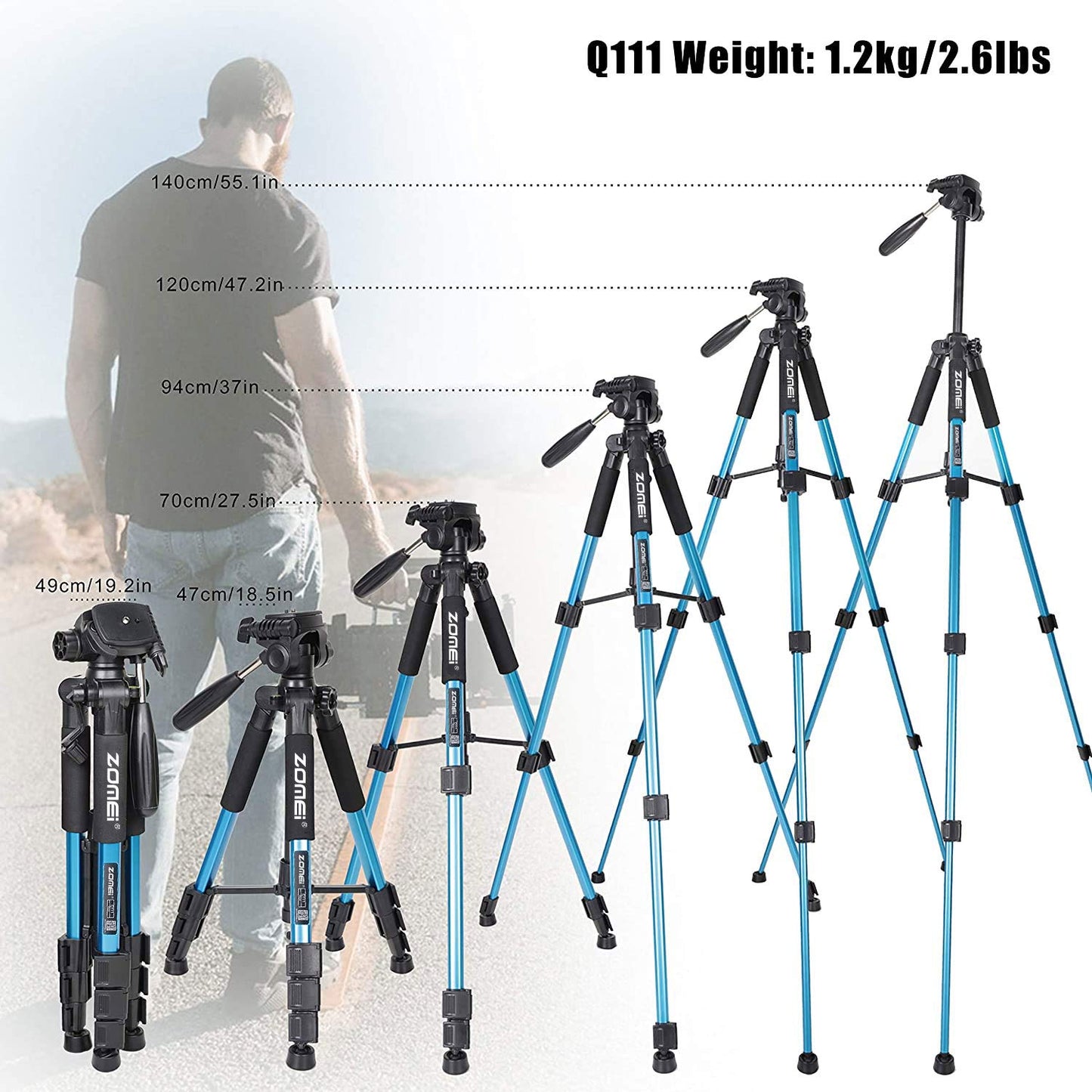 Portable 55-inch Camera Tripod Q111 Lightweight Phone Stand with Phone Holder and Quick Release Plate for DSLR Cameras,Cell