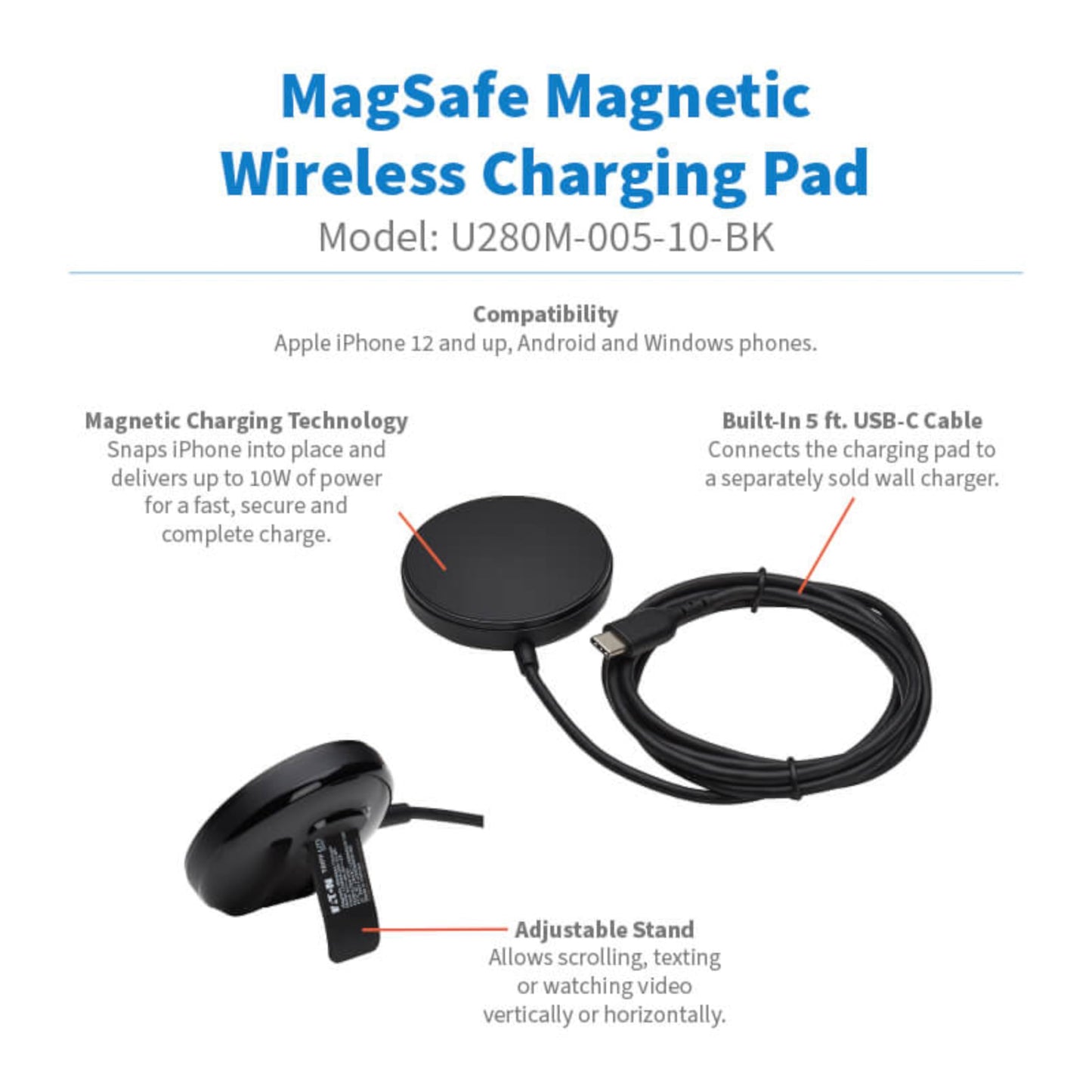 Eaton Tripp Lite Series Wireless Charger Pad, 10W Magnetic Phone Charging Pad, QI-Enabled Phone Compatible for iPhone & Android, 5ft Cable, Black