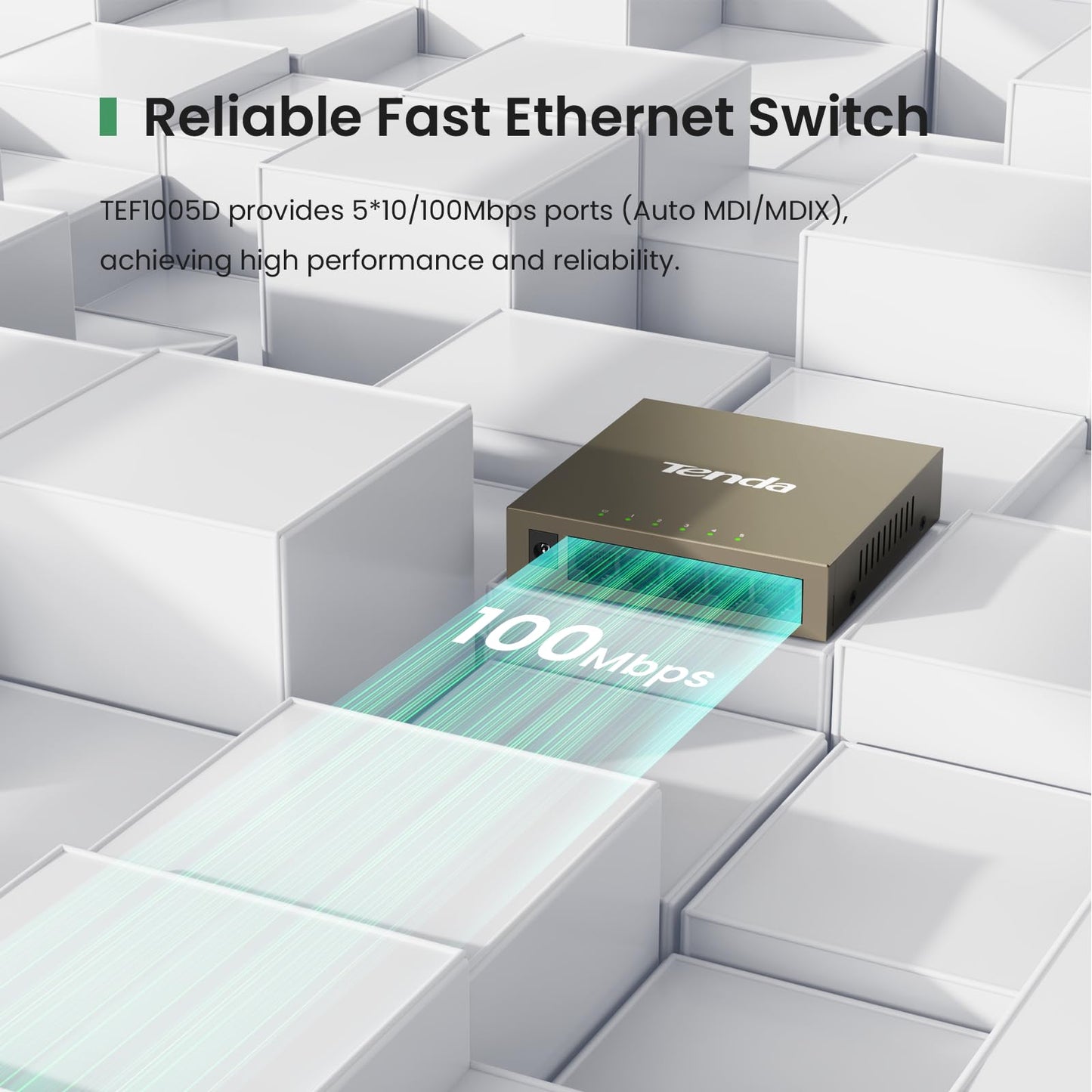 Tenda TEF1005D, 5-Port 10/100Mbps Fast Ethernet Unmanaged Switch, Network Hub, Ethernet Splitter, Plug & Play, Fanless Metal Design, Desktop or Wall