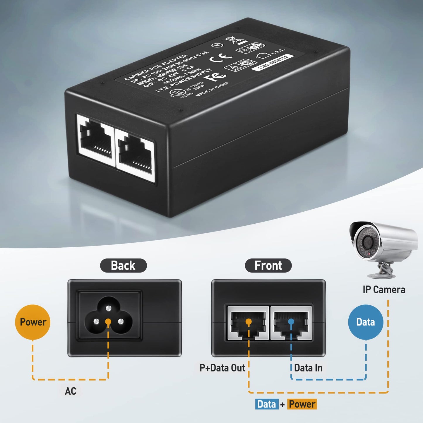 PwrON Gigabit PoE Injector Adapter 48V 24W Power Over Ethernet for 802.3af Devices, Up to 328 Ft, 10/100/100Mbps RJ-45, Plug and Play, PSE-480040G