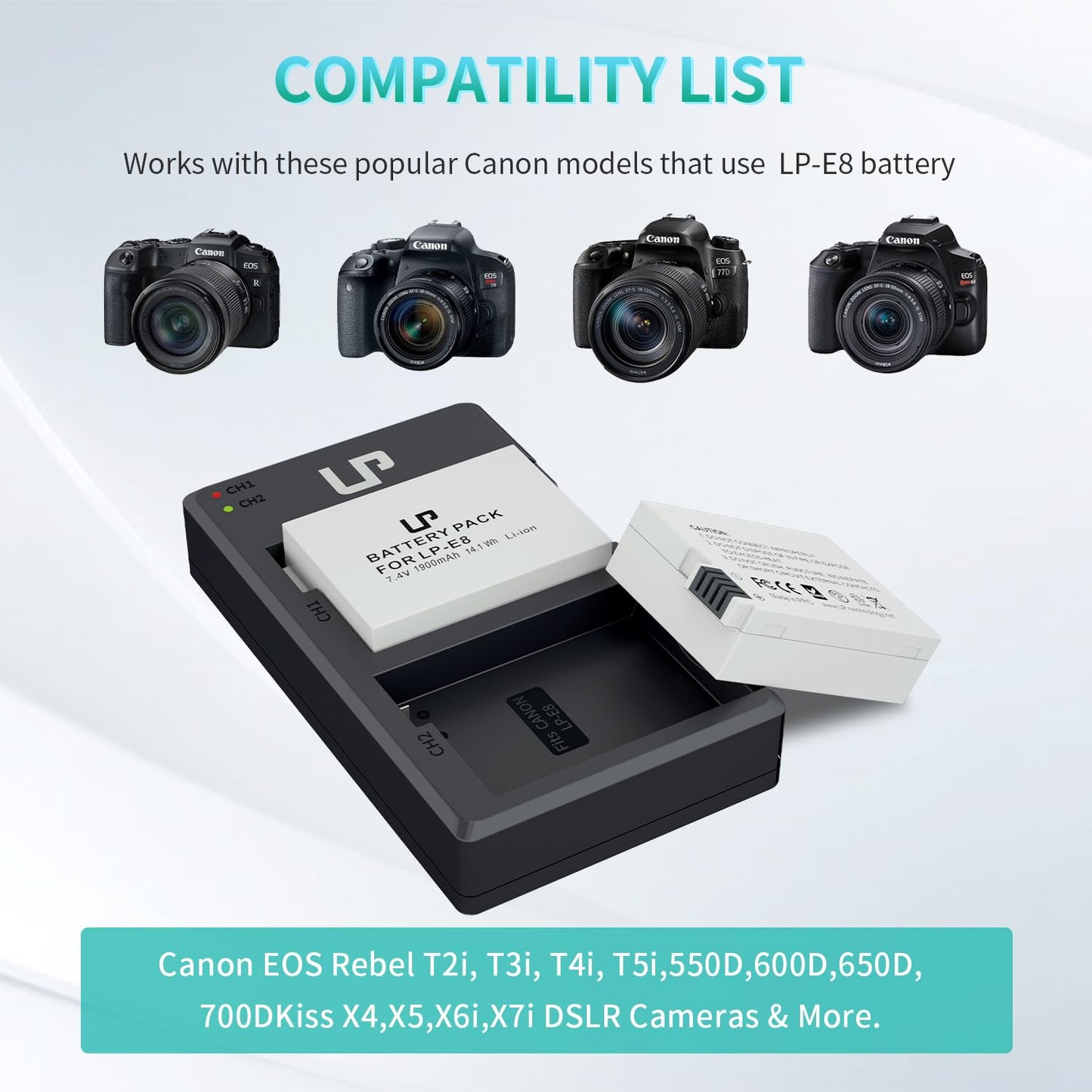 LP LP-E8 Battery Charger Pack, 2-Pack Battery & Dual Slot Charger, Compatible with Canon EOS Rebel T2i, T3i, T4i, T5i, 550D, 600D, 650D, 700D, Kiss