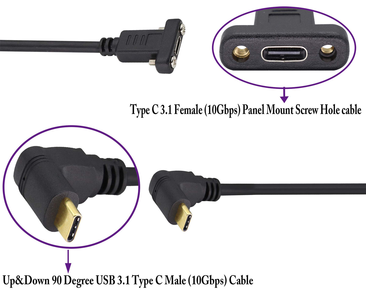 AAOTOKK Up&Down Angle 3.1Type C Gen 2 Cable (3A) 90 Degree USB 3.1 Type C Male to Female Panel Mount Screw Cable, Supports Charging,Data,Audio,Video