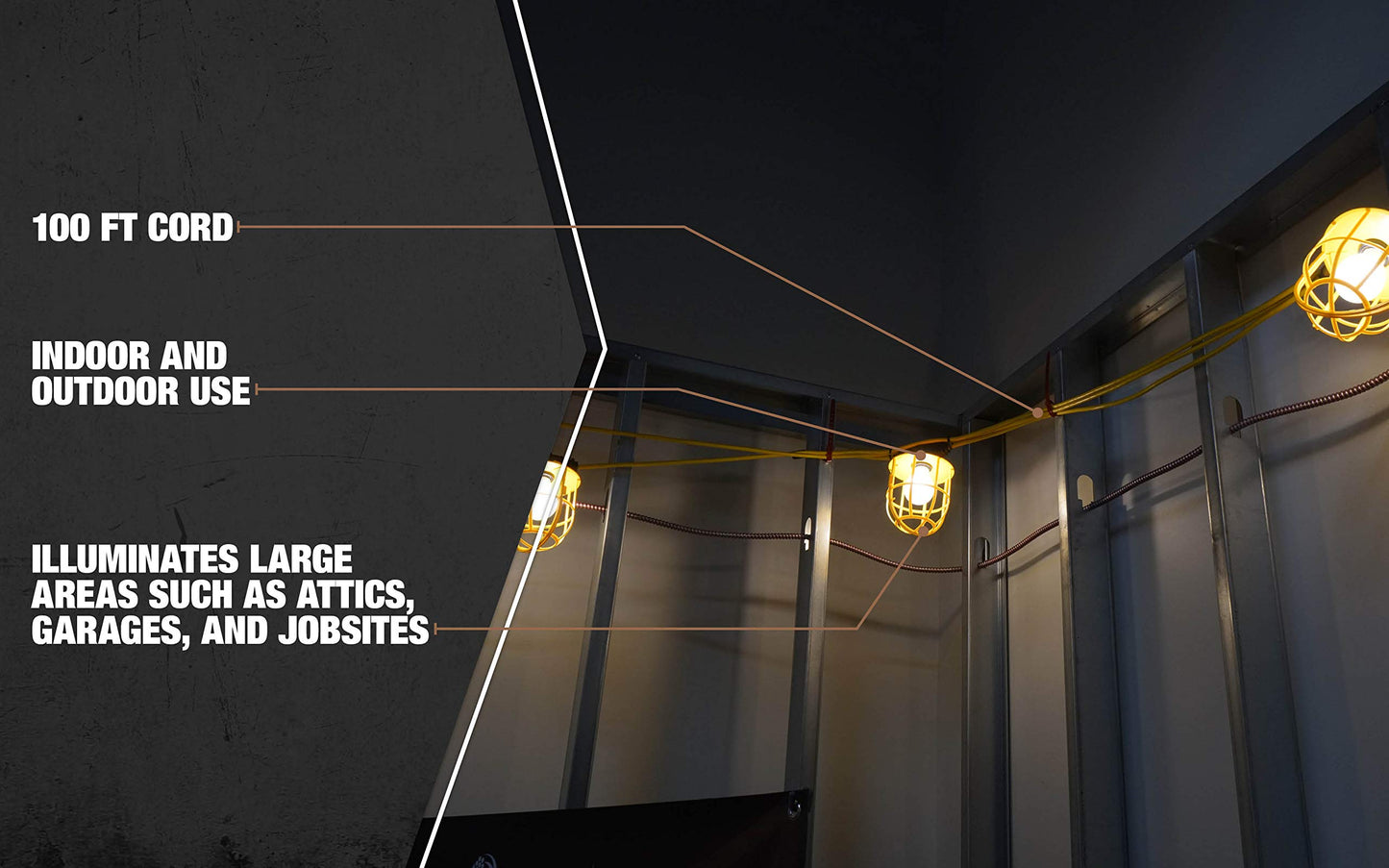 Southwire 7145SW Temporary String Light; 14/2 SJTW; 15-Amp Standard; Plastic Guard; Without Plug & Connector; 100-Foot;yellow