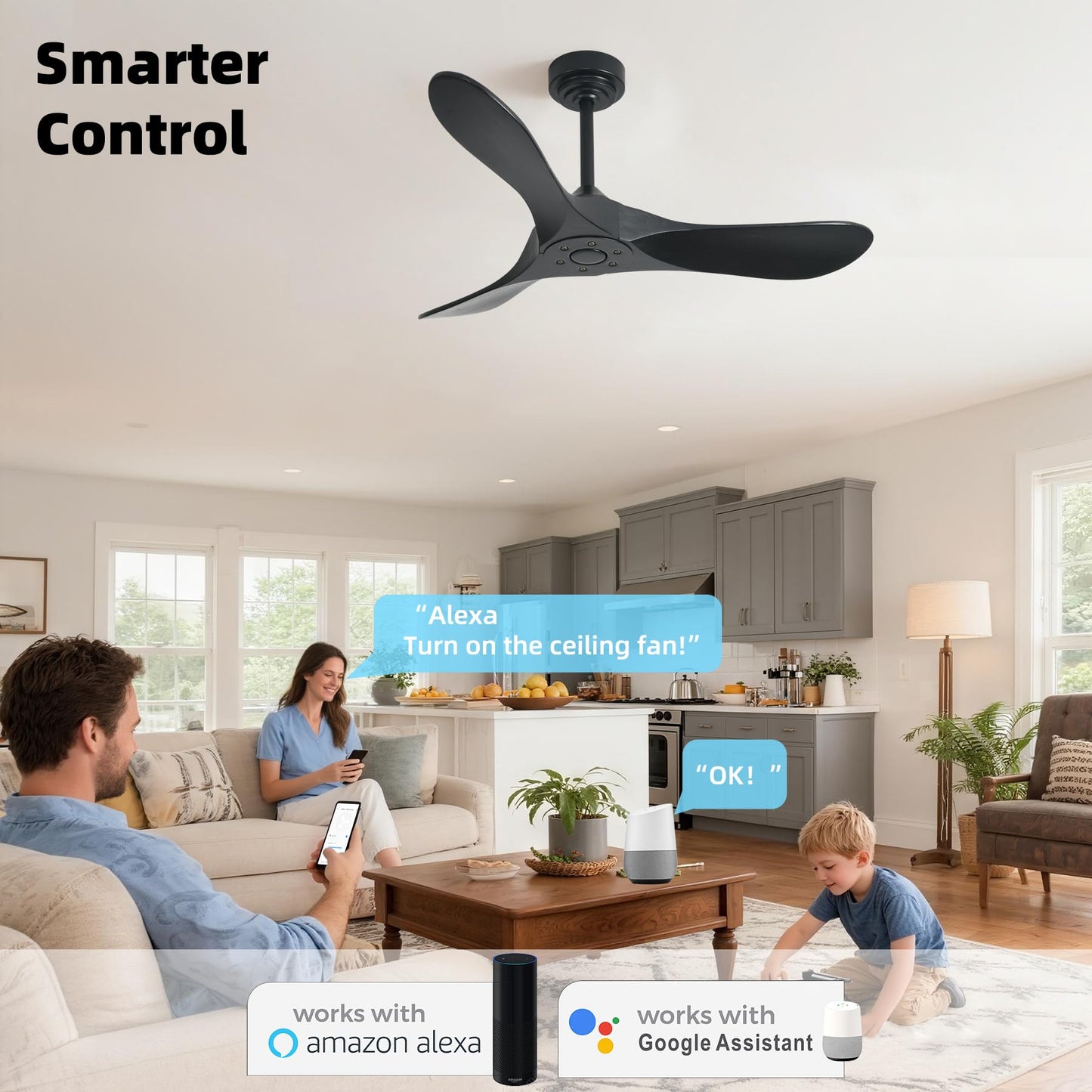 Homlit Outdoor Ceiling Fan Without Light, 42Inch Smart Ceiling Fan with Remote & Voice Control for Compatible with Alexa/Google, 3-Blade Solid Wood