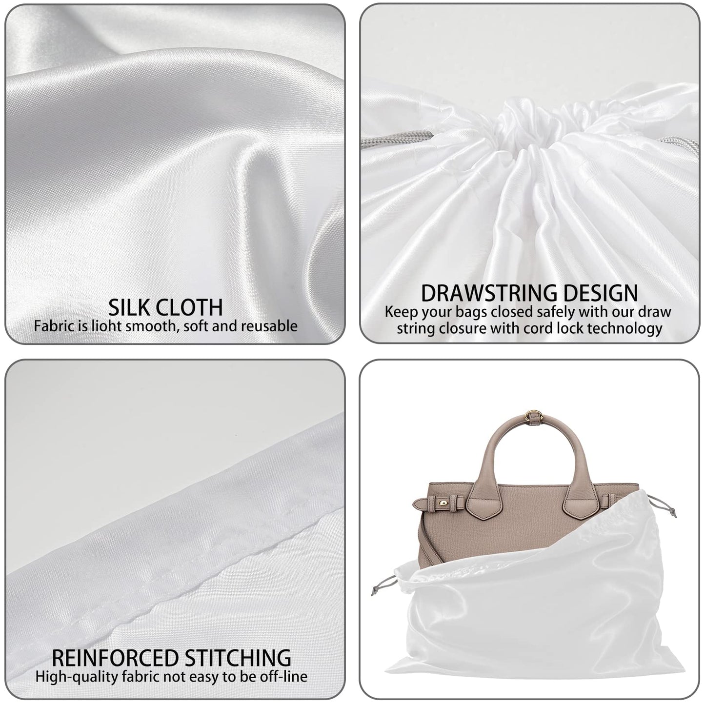 10-Pack Silk Dust Bags for Purses & Handbags – Drawstring Storage Covers for Shoes, Boots & Travel, 23.6 × 19.6 in, White