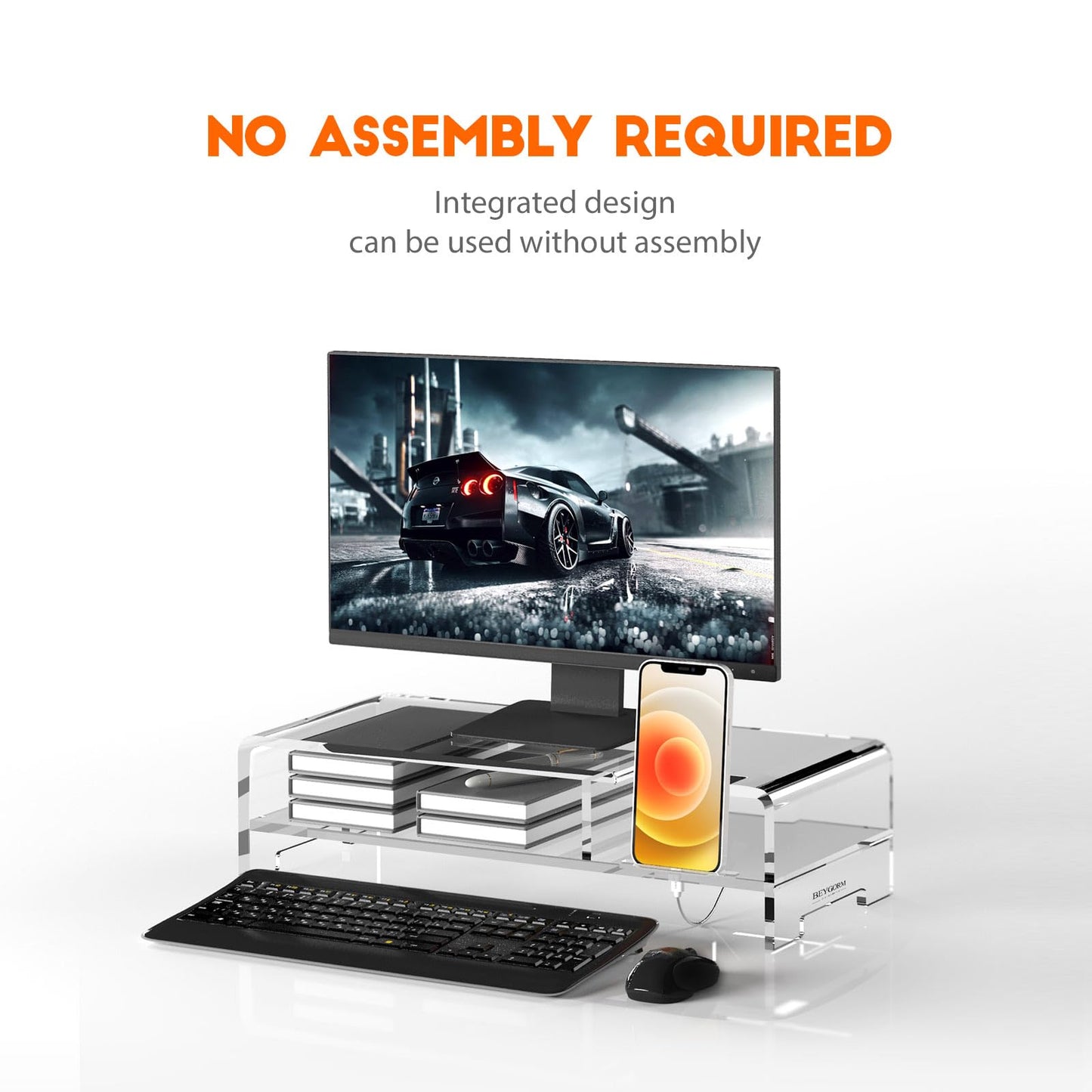BEYGORM Acrylic Monitor Stand for Full Keyboard, 20" Wide 2-Tier Riser with Storage Shelf and Phone Holder, Desktop Organizer for Laptop, Printer