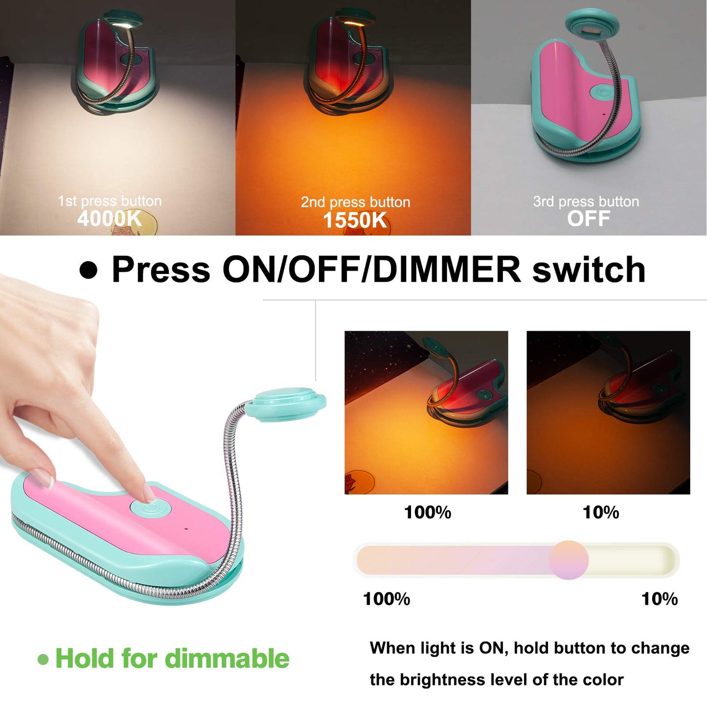 BIGMONAT Rechargeable Reading Book Light, Amber Reading Lighting for Kids Blue-Light Blocking,Portable LED Reading Lamp with 360° Rotary Light