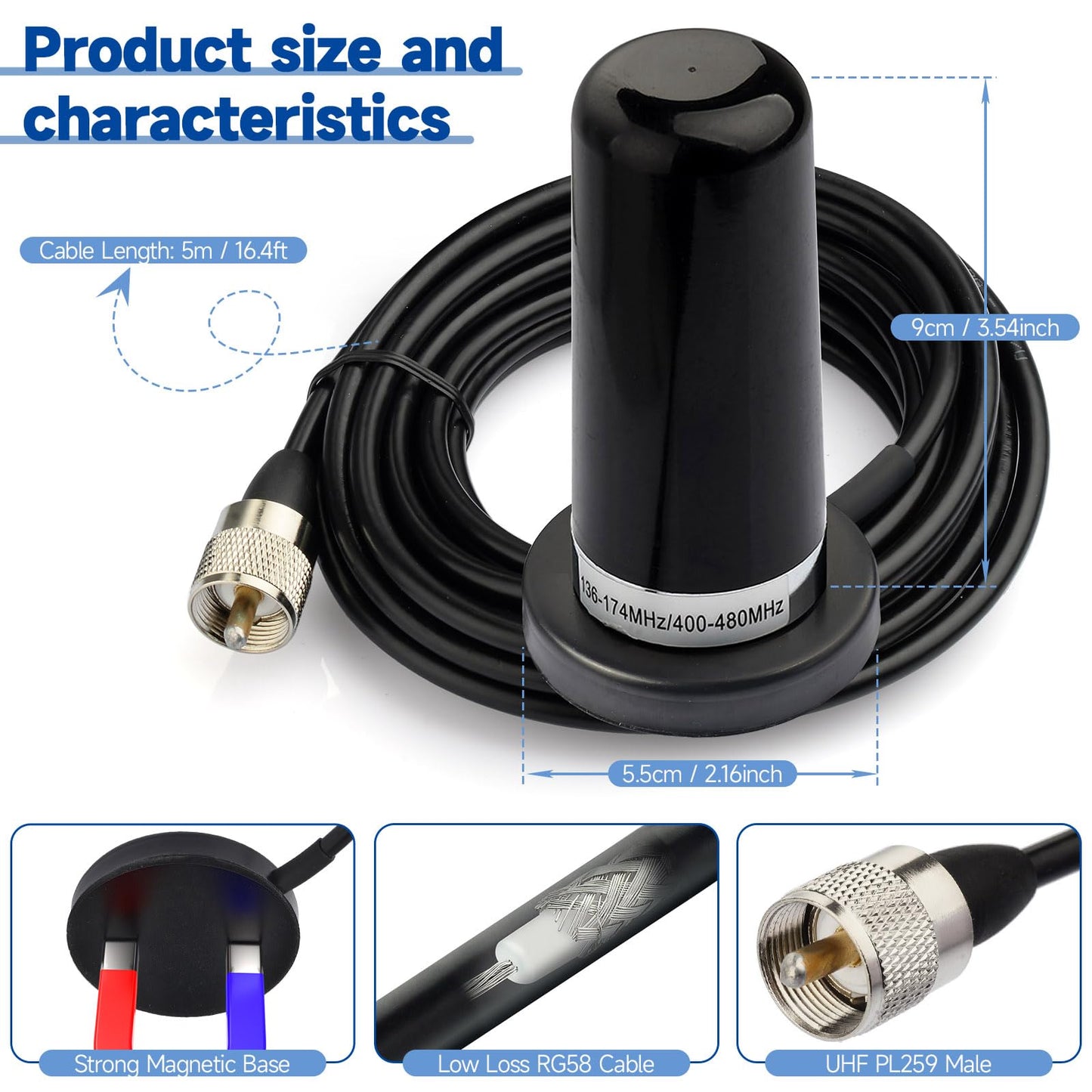 Bingfu Vehicle Mobile Ham Radio Antenna Dual Band VHF UHF 136-174MHz 400-470MHz NMO Mount Magnetic Base Low Profile Antenna PL259 Male Connector