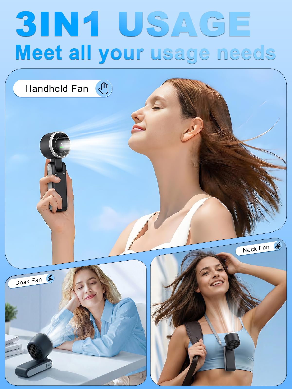 KIMWIND Portable Handheld Turbo Fan, 5 Gear Wind, Battery Operated, Up to 13 Working Hours Rechargeable Fan, 3 IN 1 Hand Fans with Air Turbo Tech