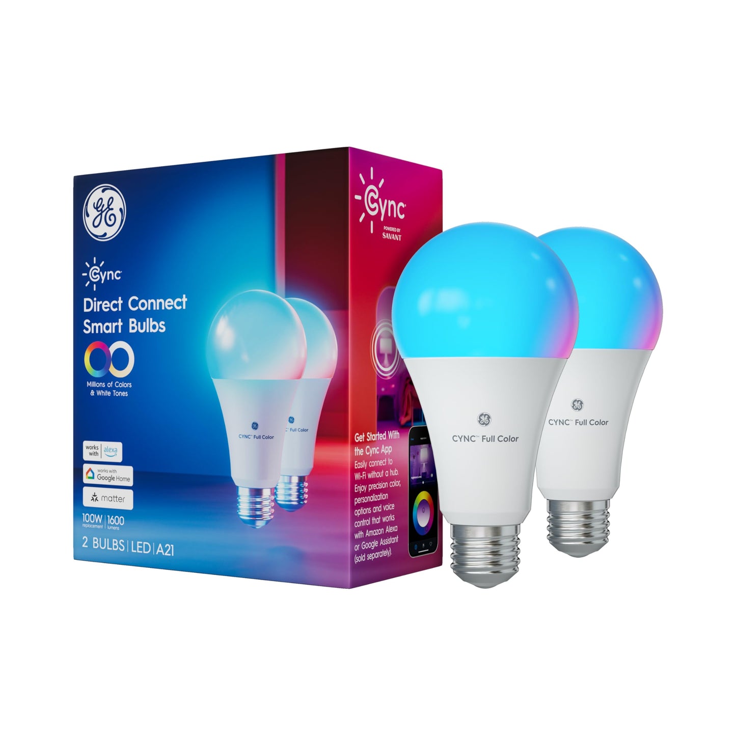 Cync GE Direct Connect A21 Smart LED Light Bulbs, 2 Pack