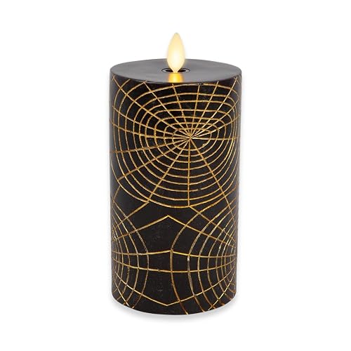 Luminara Spider Flameless LED Candle, Black & Gold 3" x 6.5", Moving Flame Pillar, Battery Operated Timer Real Wax Halloween Gothic Home Decor