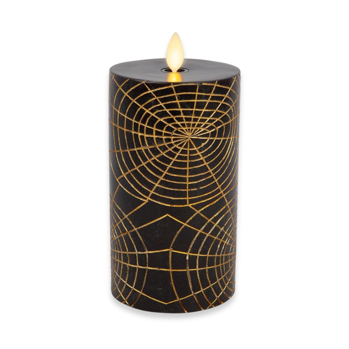 Luminara Spider Flameless LED Candle, Black & Gold 3" x 6.5", Moving Flame Pillar, Battery Operated Timer Real Wax Halloween Gothic Home Decor