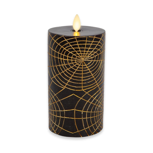Luminara Spider Flameless LED Candle, Black & Gold 3" x 6.5", Moving Flame Pillar, Battery Operated Timer Real Wax Halloween Gothic Home Decor