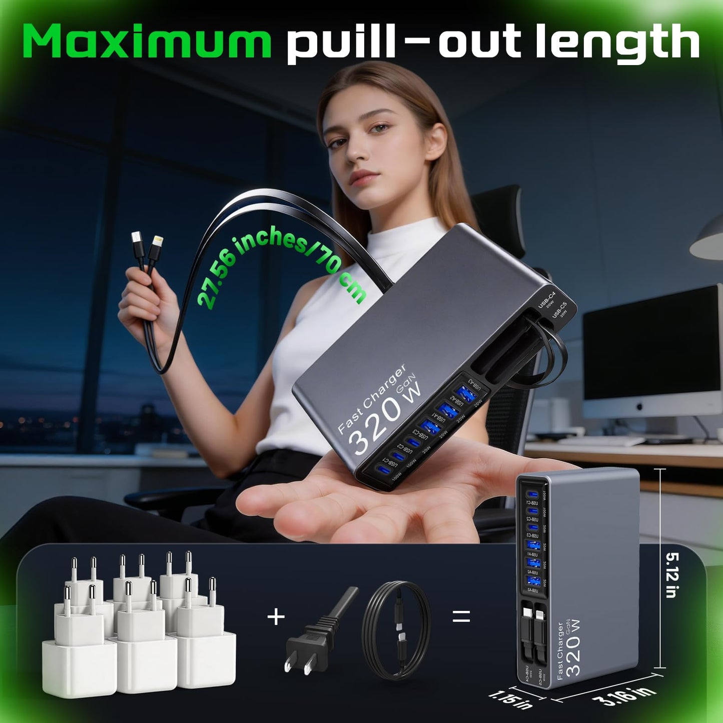X-Star 320W 8-Port Retractable USB C Charger Block Charging Station,Upgraded GaN3.0 PD 100W Desktop Laptop Chargers,Fast Multiple USB Charging Hub