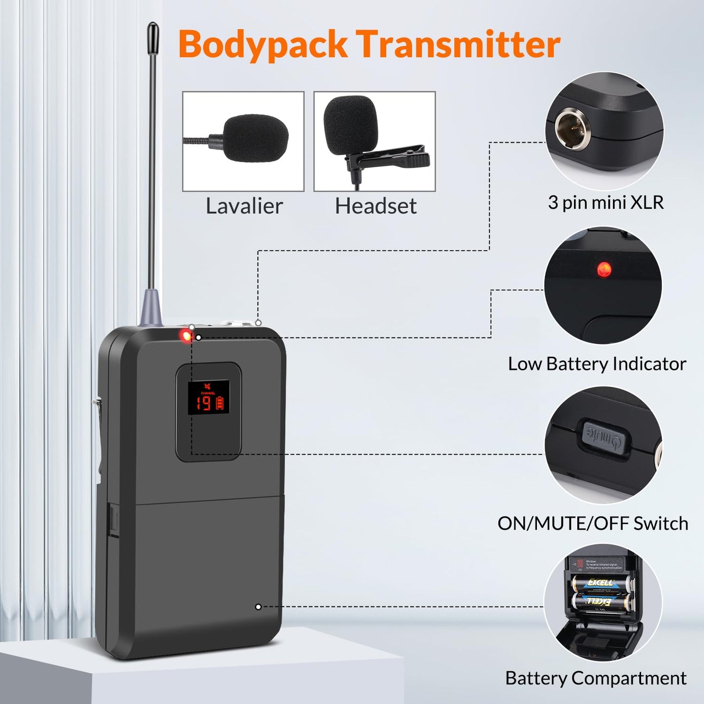 innopow 200-Channel Wireless Lavalier Microphone, Dual UHF Bodypack Cordless Lavalier Mic System Set, Auto Scan, Long Range 200-240Ft, 16 Hours Use