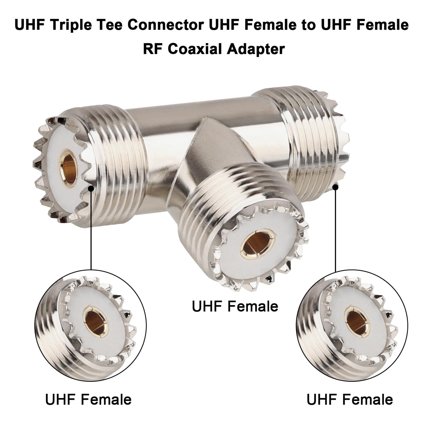 2-Pack UHF Female to UHF Female RF Coaxial Adapter, T-Shape 3-Way Splitter Connector for CB Radios, Antennas, and Signal Distribution Applications