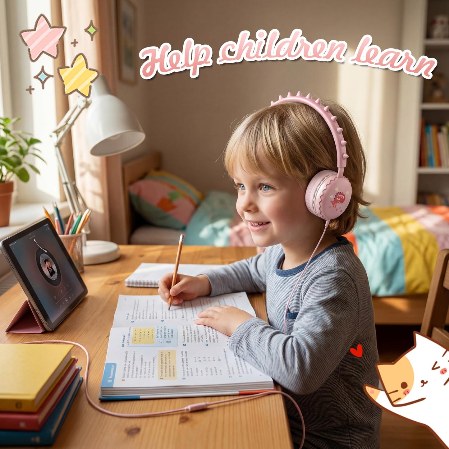 KERHAND Kids Dinosaur Wired Headphones, Pink