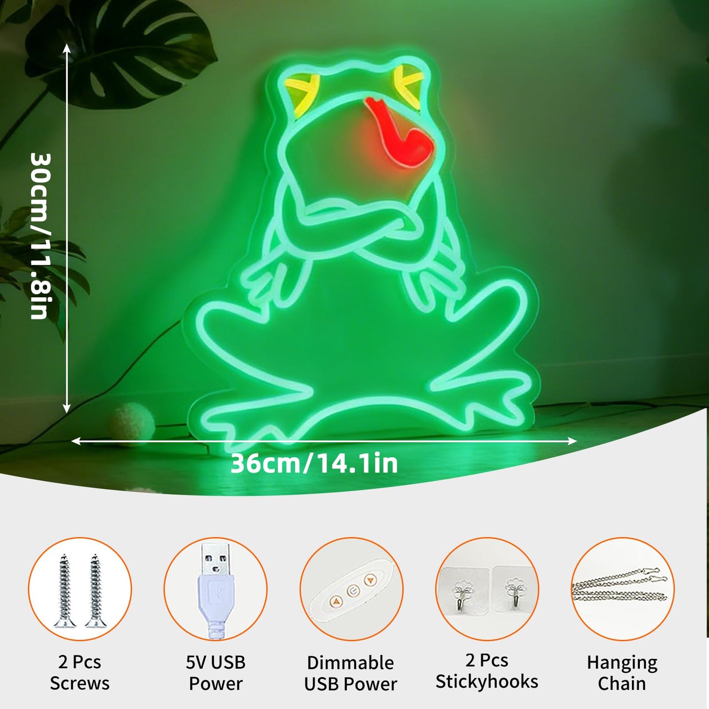 Frog LED Neon Sign, Cute Animals Shape Light Up Sign, USB Powered Dimmable Decorative Neon Light Home Bedroom Living Room Wall Table Decor Gift 14.2 x