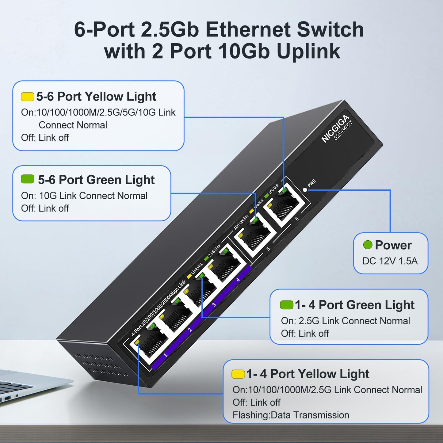 10Gbe Ethernet Switch Unmanaged with 2 x 10Gb RJ45 Ports ? 4 x 2.5Gb Base-T Ports, Desktop/Wall Mount NICGIGA 6 Port 10Gbps Network Switch