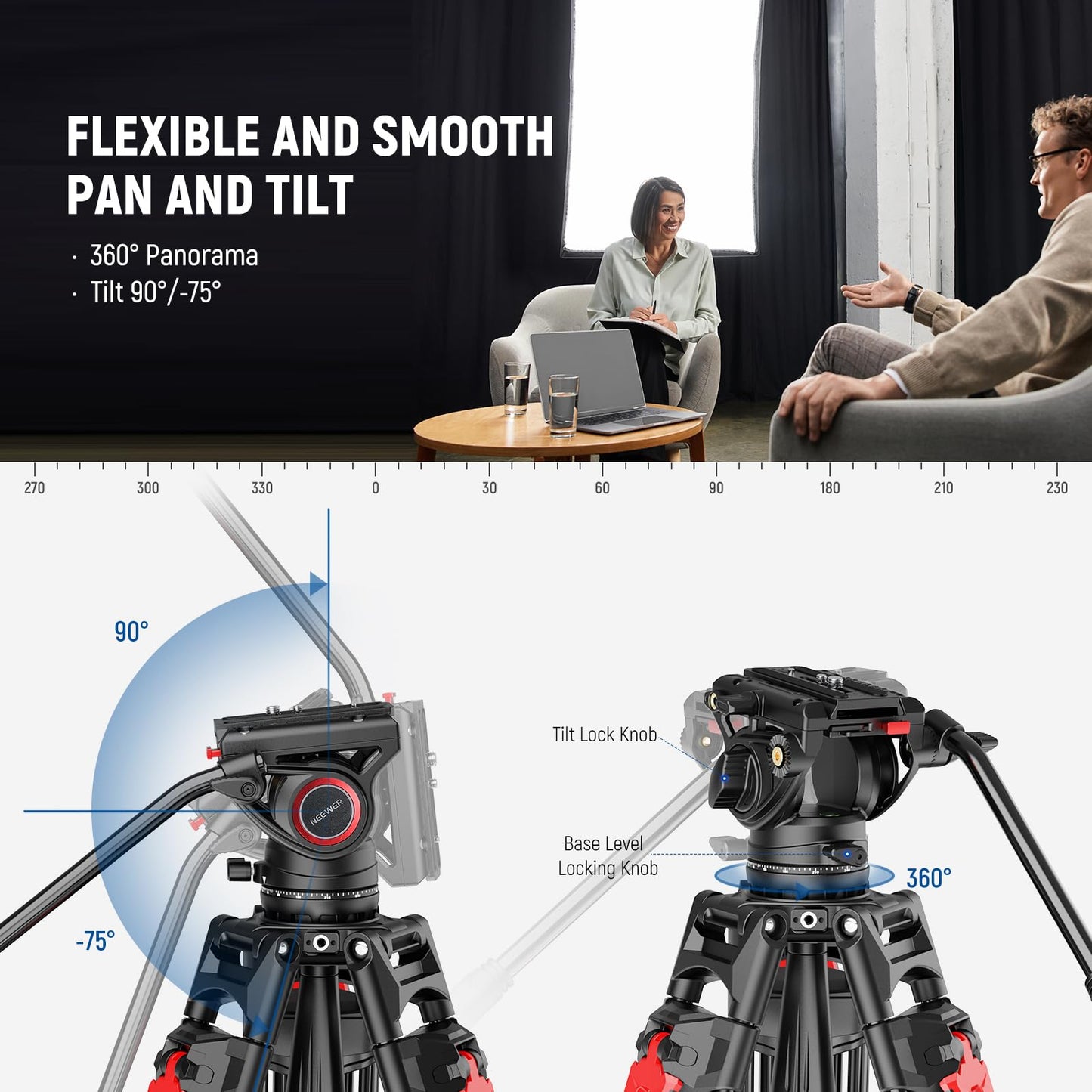 NEEWER 76" Video Camera Tripod with Fluid Head, One Step Quick Release Heavy Duty Aluminum Portable Tripod Stand with Cleaning Cloth, Dual Mode QR