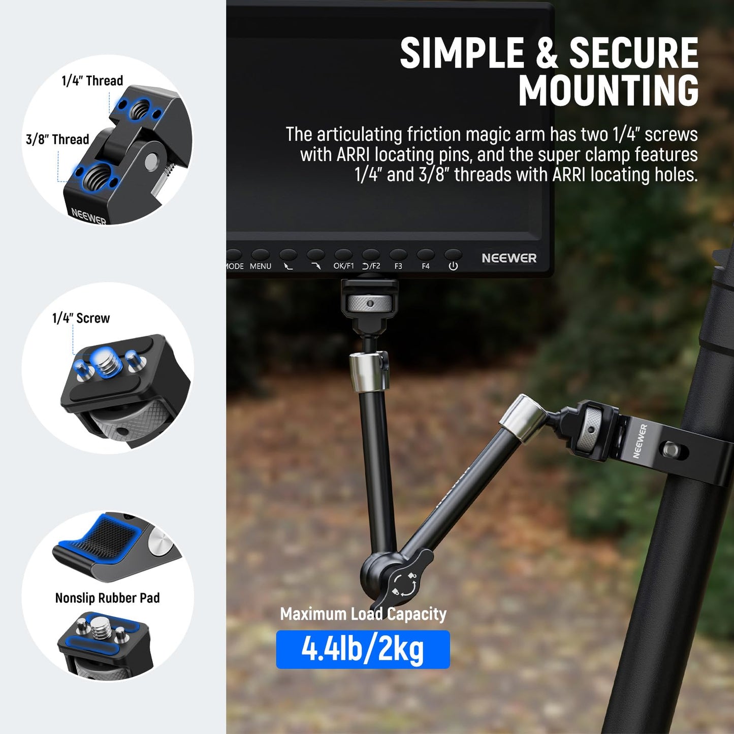 Neewer 11" Articulating Magic Arm Clamp Mount with Super Clamp, Camera Monitor Mount with 1/4" 3/8" ARRI Locating Pins & Holes for DSLR Action Camera