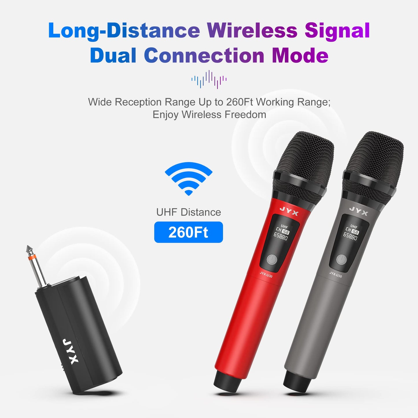 JYX Wireless Microphones, Dual UHF Handheld Dynamic Mic with Receiver, 6.35mm(1/4")Output,3.5mm (1/8") Adapter,160ft Range, Metal Rechargeable Karaoke