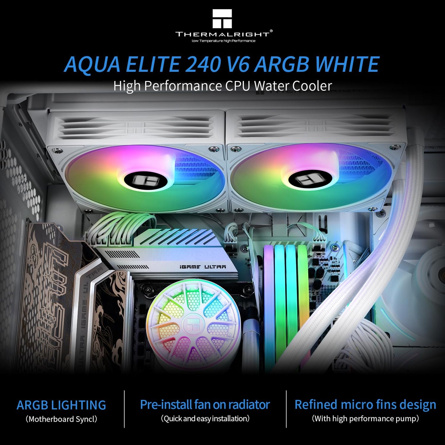 Thermalright Aqua Elite 240 V6 ARGB White AIO CPU Cooler, ARGB PWM Cooler Fans with 2000RPM, for Intel Lga1150/1151/1155/1156/1200/2011/1700/1851
