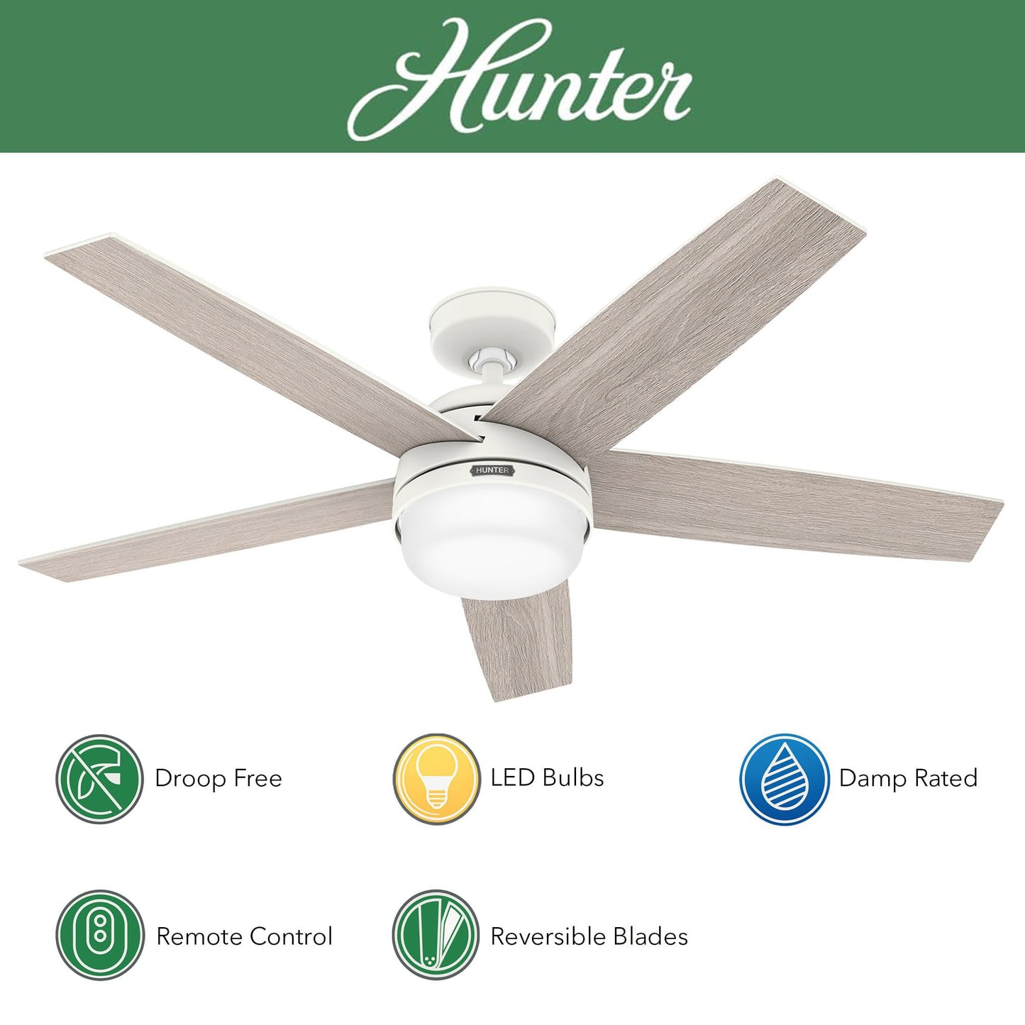 Hunter Fan 52 inch Ceiling Fan with Lights and Remote, Outdoor or Indoor White Ceiling Fan for Porch, Living Room, Office, Kitchen, Basement (Renewed)