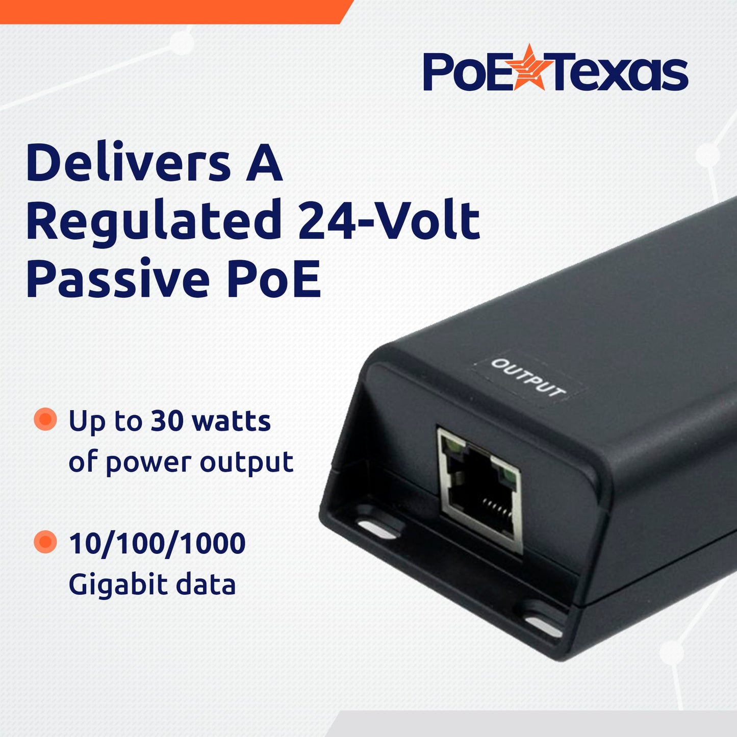 PoE Texas 24 Volt Passive PoE Injector (Mode B) - DC-Powered Gigabit Inline Converts 12-60V in to 24 Volt Passive PoE Out Up to 30 Watts - Variable DC