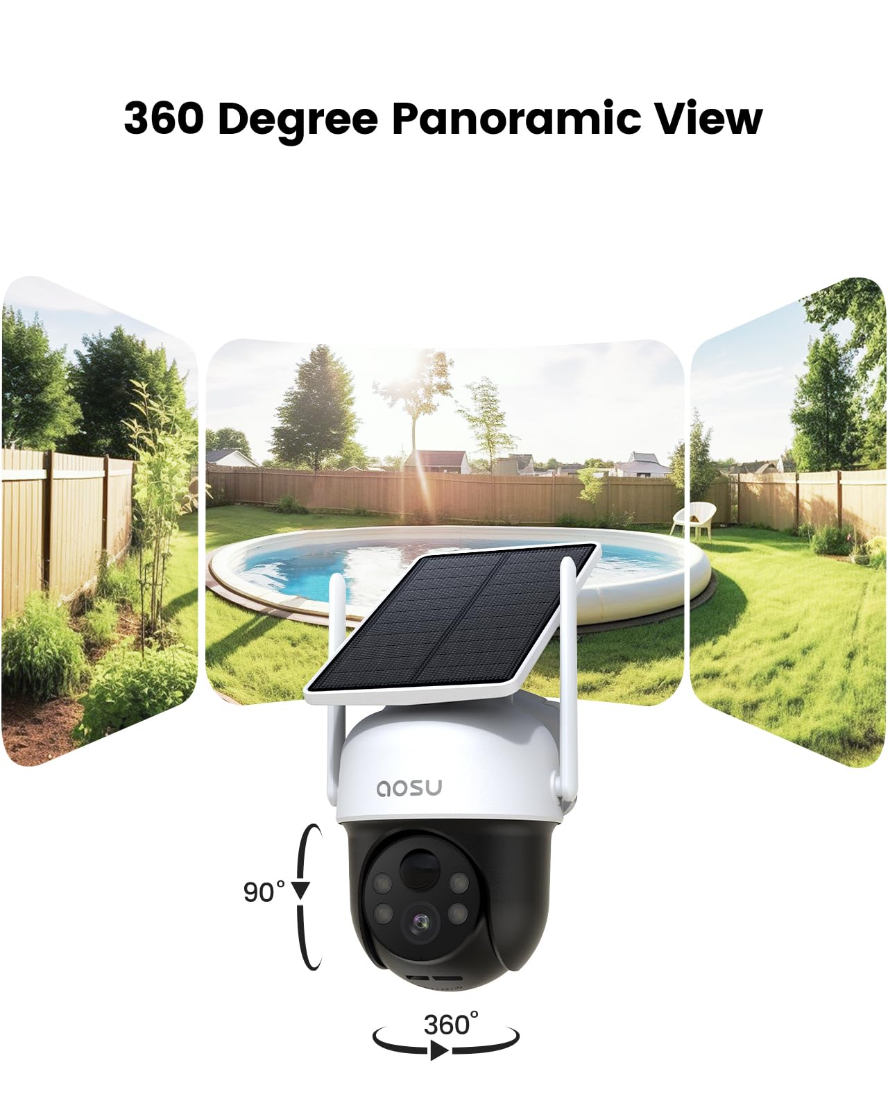AOSU Solar Camera Security Outdoor - 100% Wire-Free Security Cameras Wireless Outdoor for Home Surveillance with Fixed Solar Panel, 360° Panoramic