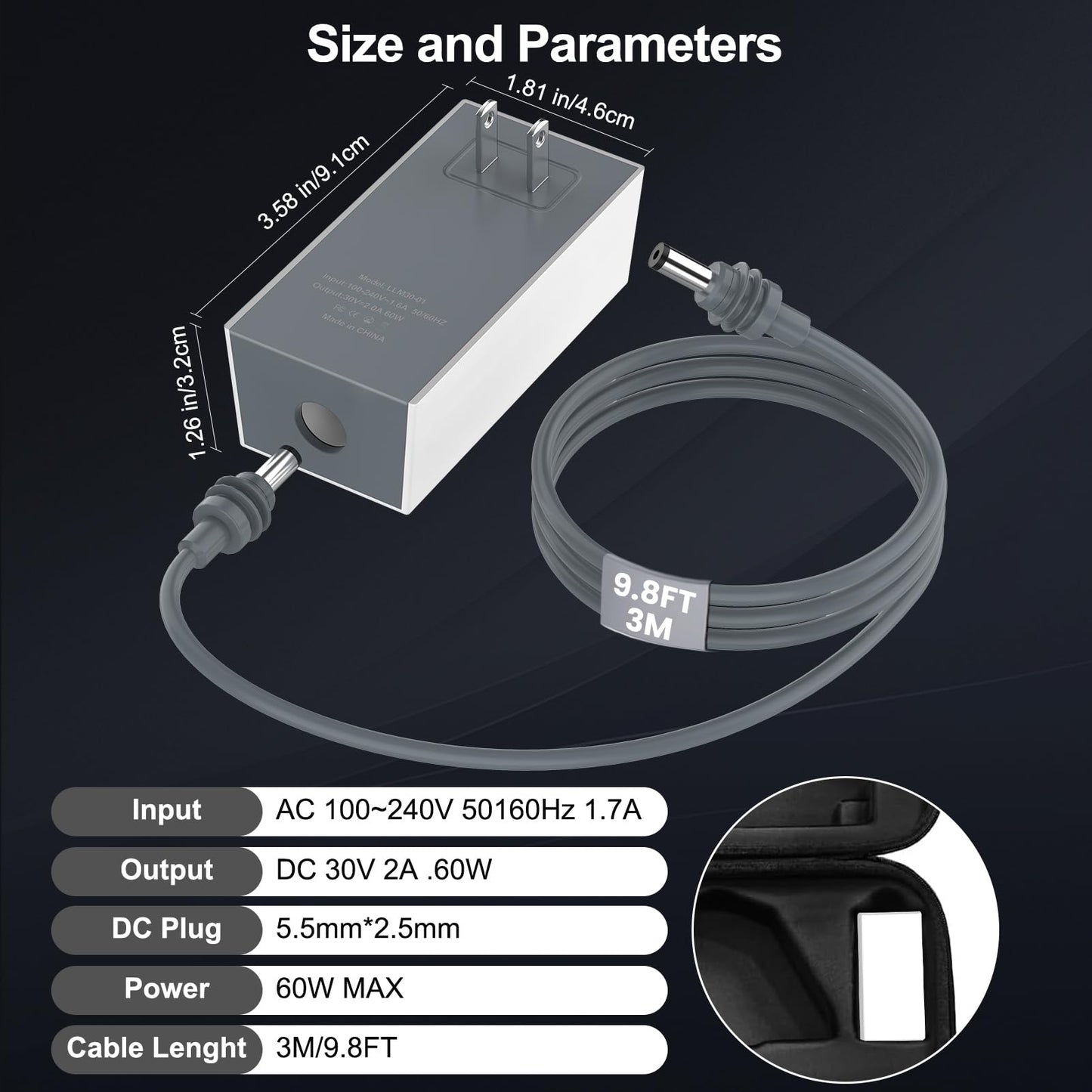 Starlink Mini Power Supply & Accessories, 60W Replacement AC Adapter 30V 2.0A Portable Power Supply,with 9.8FT DC Cable for Starlink Mini Dish