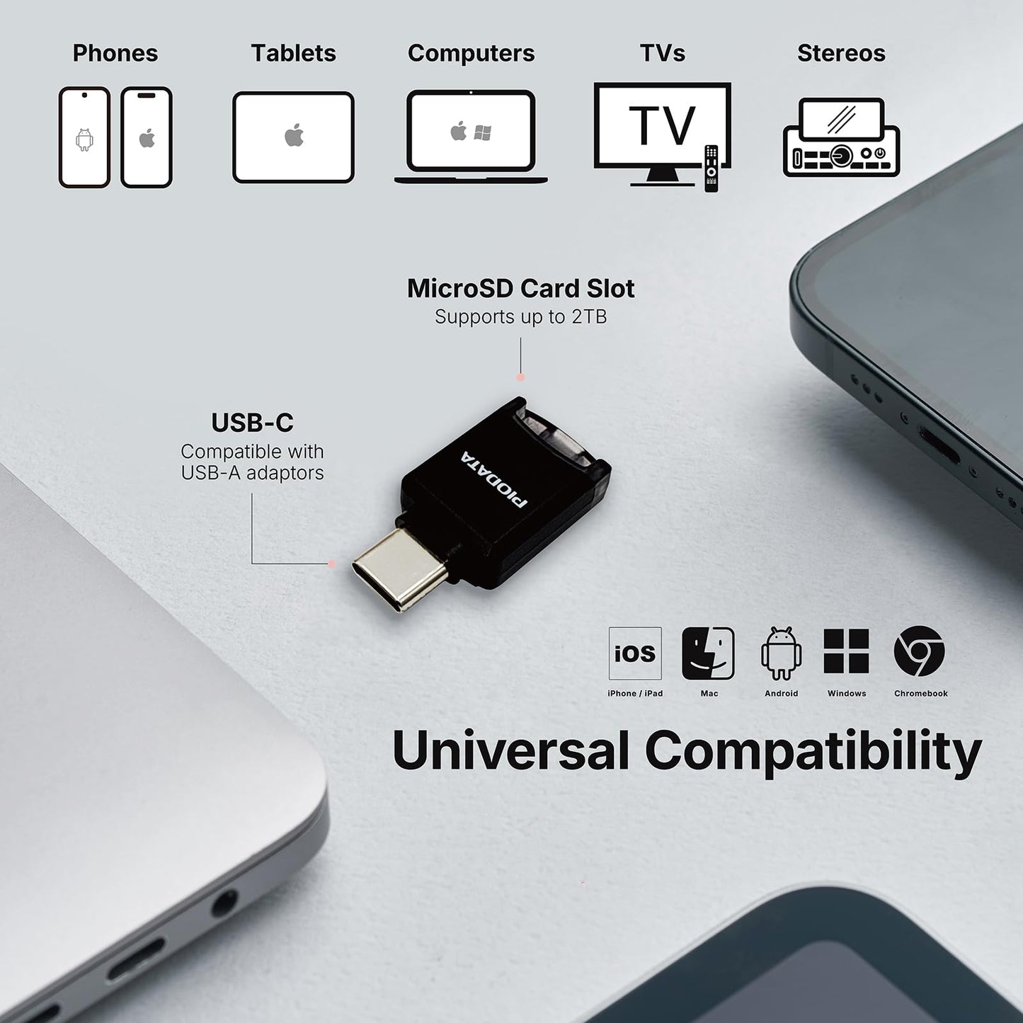 Piodata Micro SD Card Reader for iPhone 17/16/15, iPad, Android, Mac, PC, Laptop, USB C Memory Card Reader adapter, Auto Photo Backup, Apple MFi Photo