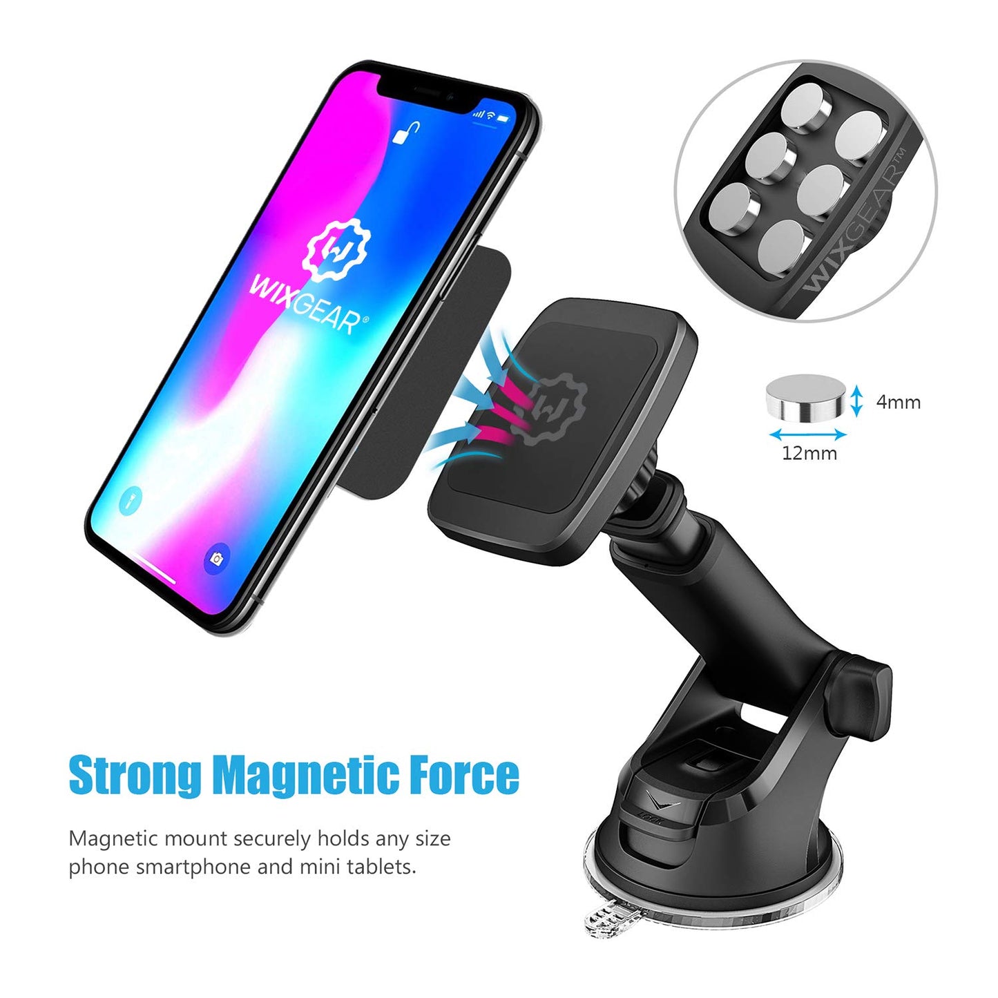 WixGear Magnetic Car Phone Mount - Universal Holder for Windshield & Dashboard with New Long Telescopic Arm - Compatible with Cell Phones & Tablets