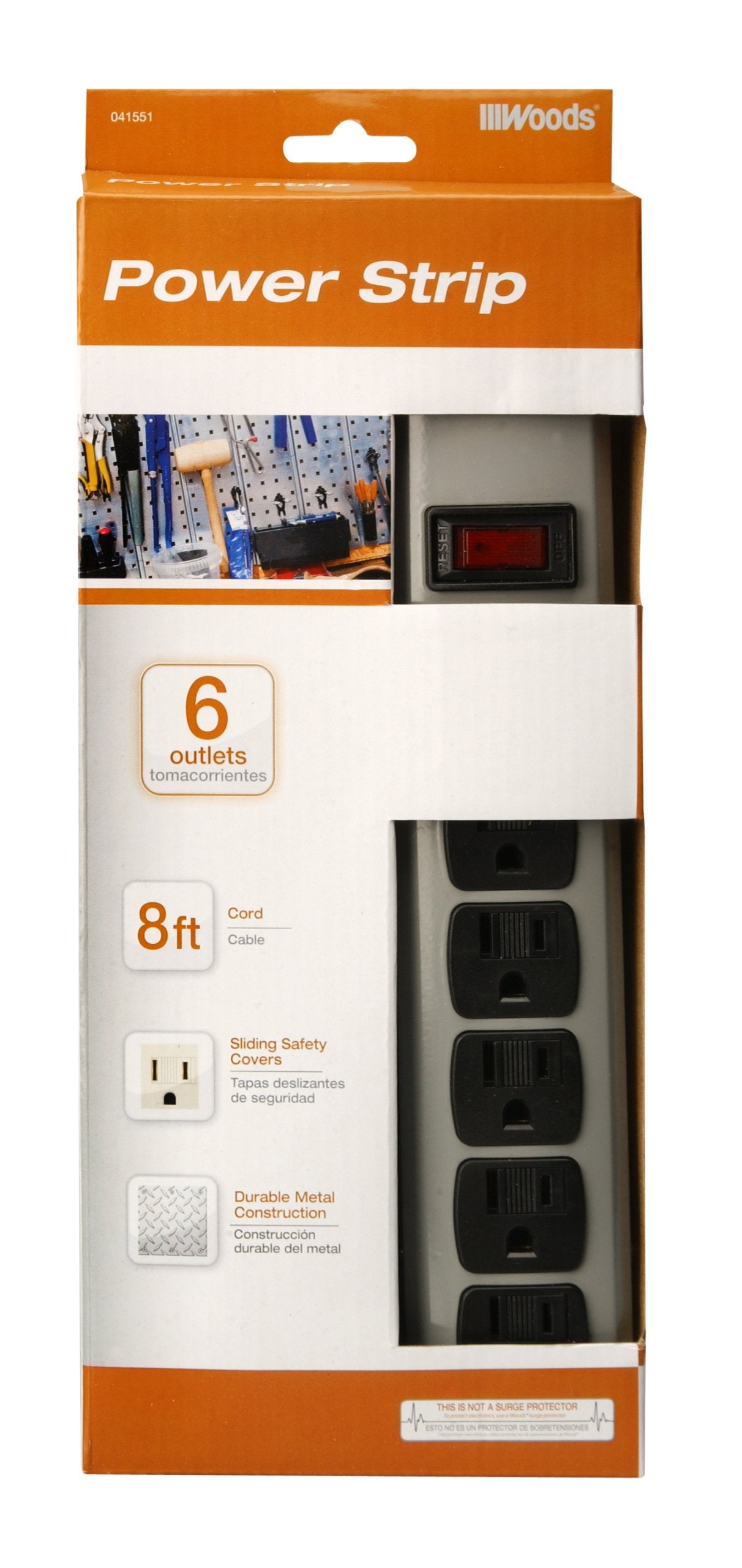 Woods 41551 6-Outlet Metal Power Strip with 8-Foot Cord; Light Grey