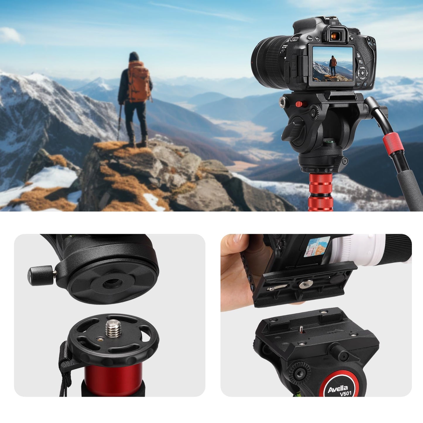 Avella Video Tripod Fluid Head with Quick Release Plate, Lightweight Heavy Duty Compatible with Manfrotto,Max Load 13.2lb/6kg for Video Canon Nikon