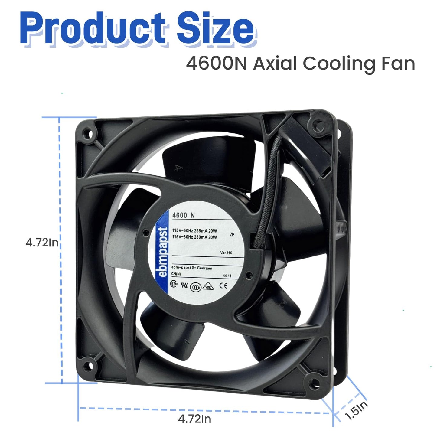 for ebmpapst 4600N Axial Fan?115V 12038 Industrial Cooling Fan All-Metal Heat-Resistant Cooling Fan 4600N, 2-Pin 20W