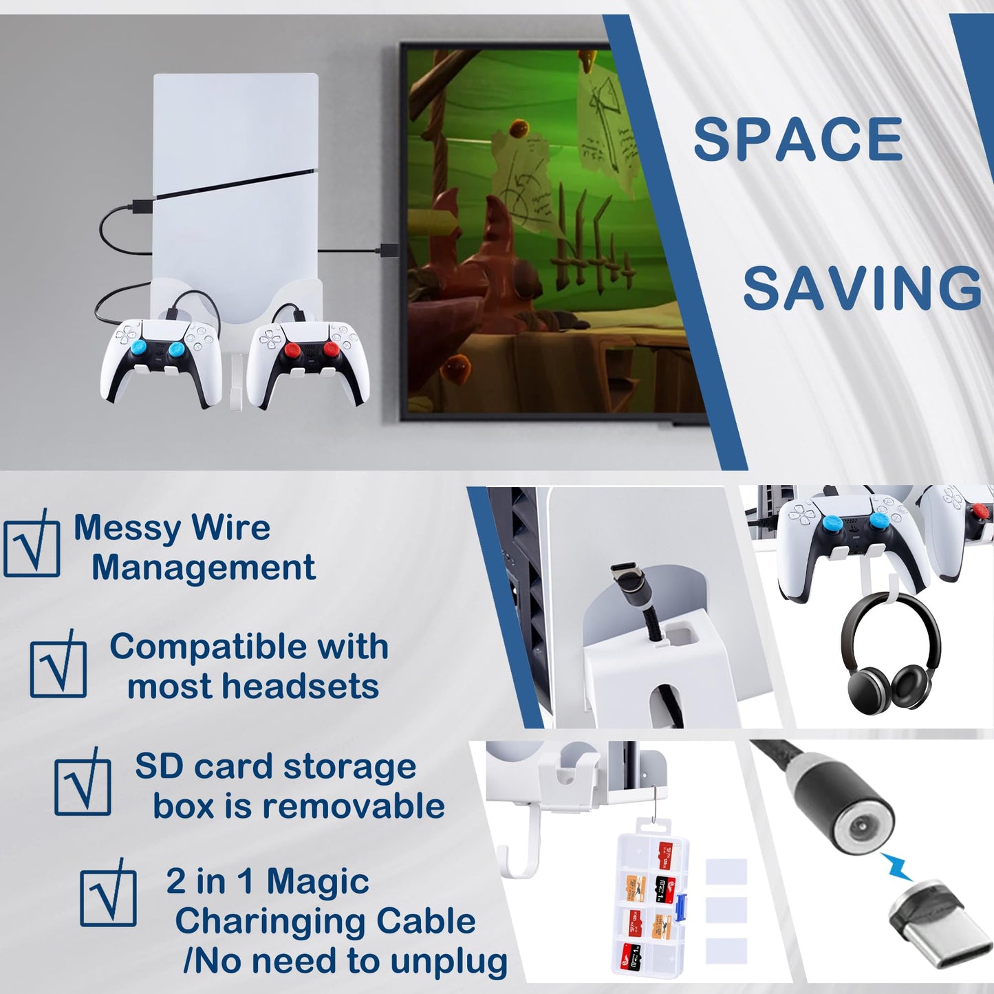 Wabracket All -In -One With 11 Accessories Wall Mount Kit for PS5 Slim?PS5 Pro Console, Compatiable with PS5 Pro/PS5 Slim Disc &Digital Version.With