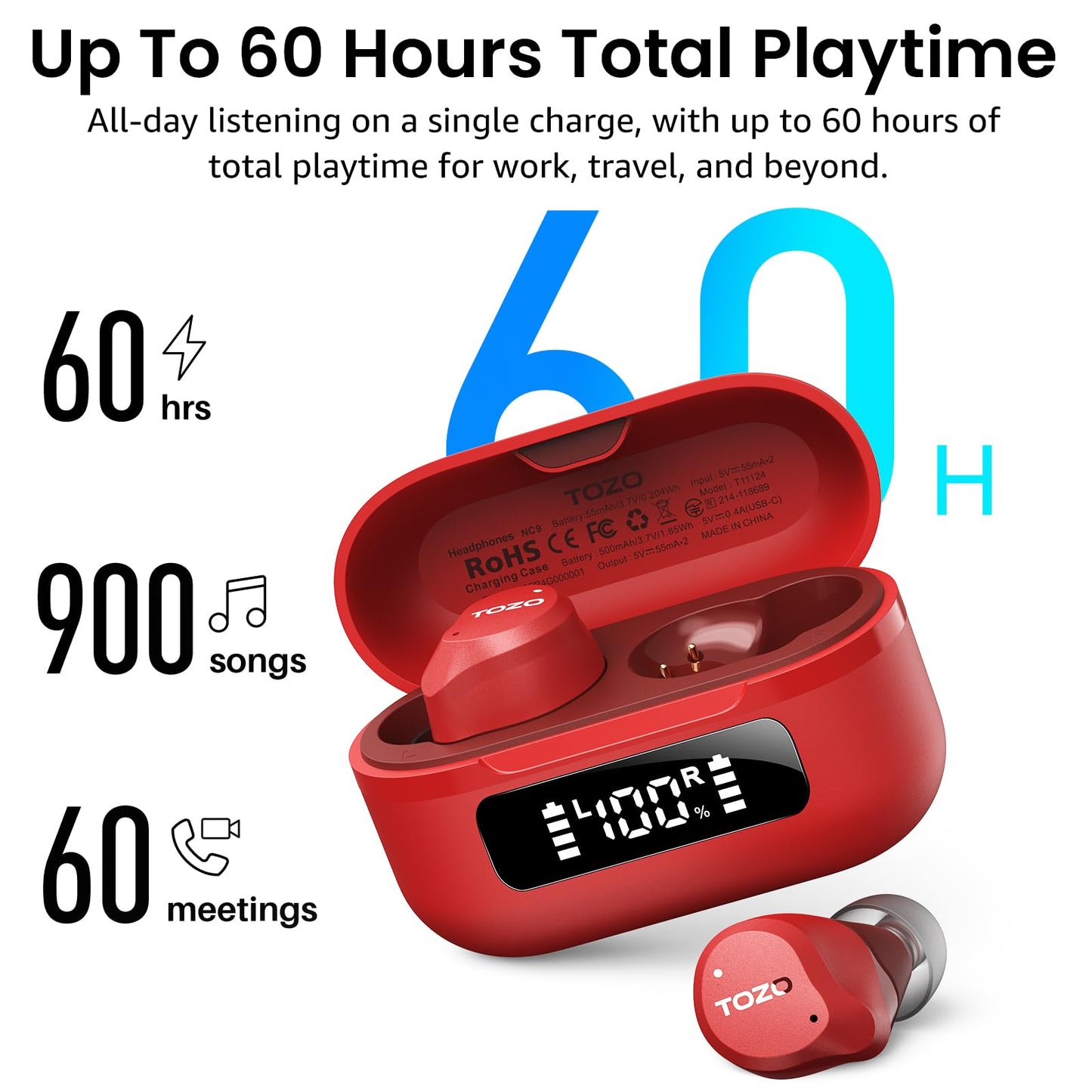 TOZO NC9 Hybrid Active Noise Cancelling Wireless Earbuds, 6 Mics ENC Clear Call, IPX8 Waterproof, in Ear Bluetooth 5.3 Headphones Stereo Bass Ear Buds