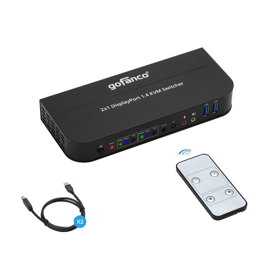 gofanco 2 Port 4K 60HZ DisplayPort KVM Switch with USB 3.0 - DisplayPort 1.4, 4K @60Hz 4:4:4, HDR, HDCP 2.2/1.4, USB Keyboard/Mouse, USB 3.0 Hub, MIC
