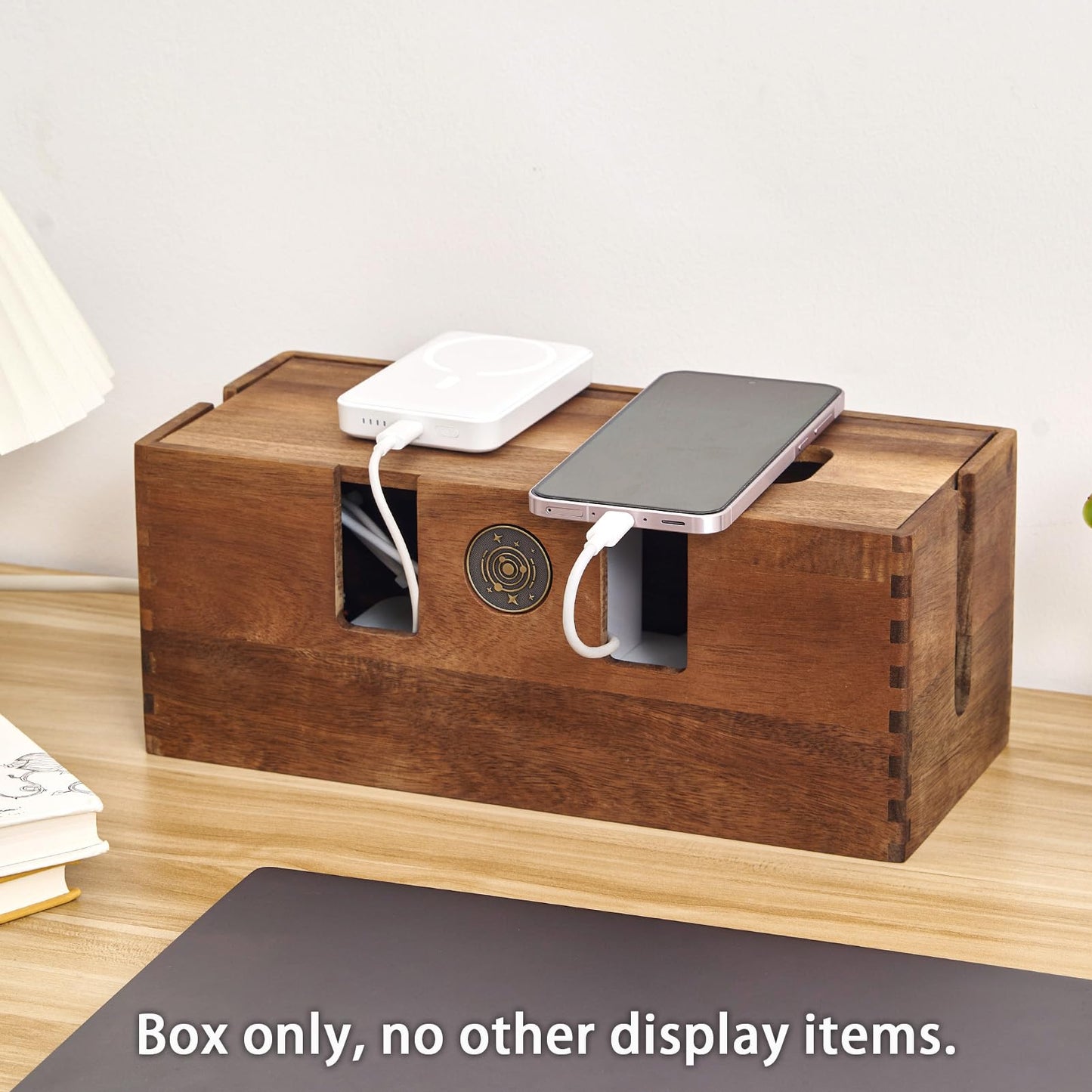 TREELF Acacia Wood Cable Management Box - Wooden Cord Hider & Organizer for Desk & Floor, Power Strip & TV Wire Concealer, Under Desk Storage for